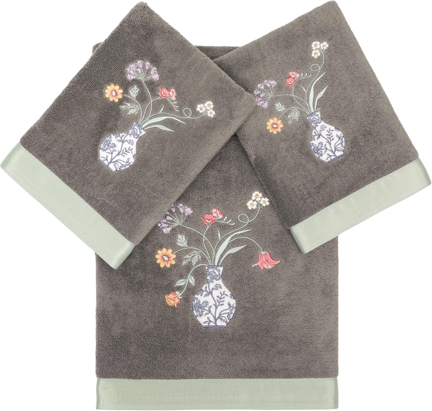 Floret 2-Piece Hand Towel Set, Lustrous Bengaline Border, Turkish Cotton, Soft & Plush, Ideal for Daily Use, 2 Hand Towels, Aqua