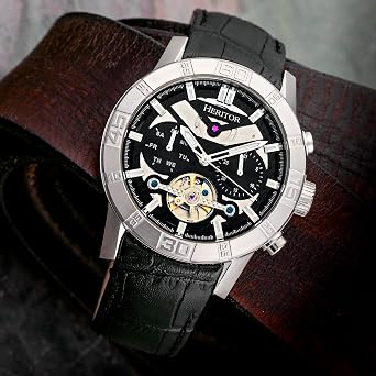 HERITOR Hannibal Automatic Watch for Men 44mm Mens Semi-Skeleton Watch with Jeweled Automatic Movement, 316L Stainless Steel Case, Sapphire-Coated Mineral Crystal, Leather Strap (HERHR4102) Silver/Black