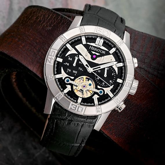 HERITOR Hannibal Automatic Watch for Men 44mm Mens Semi-Skeleton Watch with Jeweled Automatic Movement, 316L Stainless Steel Case, Sapphire-Coated Mineral Crystal, Leather Strap (HERHR4102) Silver/Black