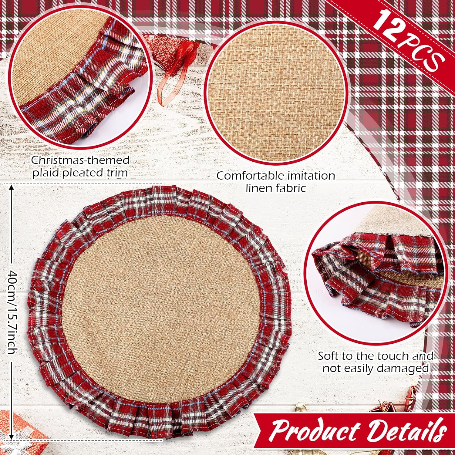HunnmingRe 12 Set Round Christmas Plaid Placemats 15.7 Inch Christmas Checkered Tartan Table Mats Xmas Faux Burlap Fabric Table Mats for Xmas Holiday Dinner Party Decoration(Red White)