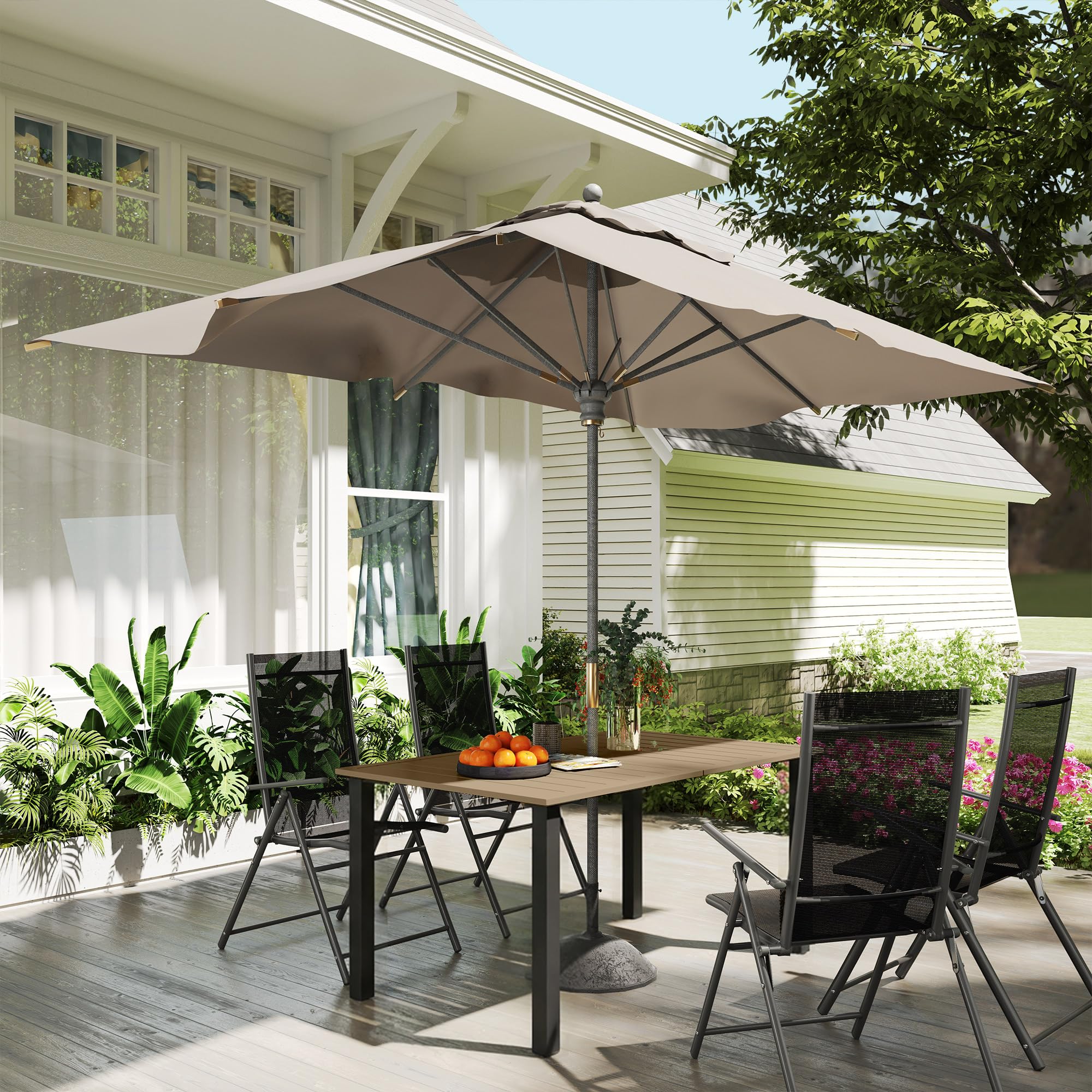 Outsunny Mesa de Jardín Rectangular con Patas de Acero 150x90x73 cm Marrón | Mesa de Terraza Exterior, Orificio para Sombrilla, Diseño de Listones, Carga 70 kg, para Terraza Patio