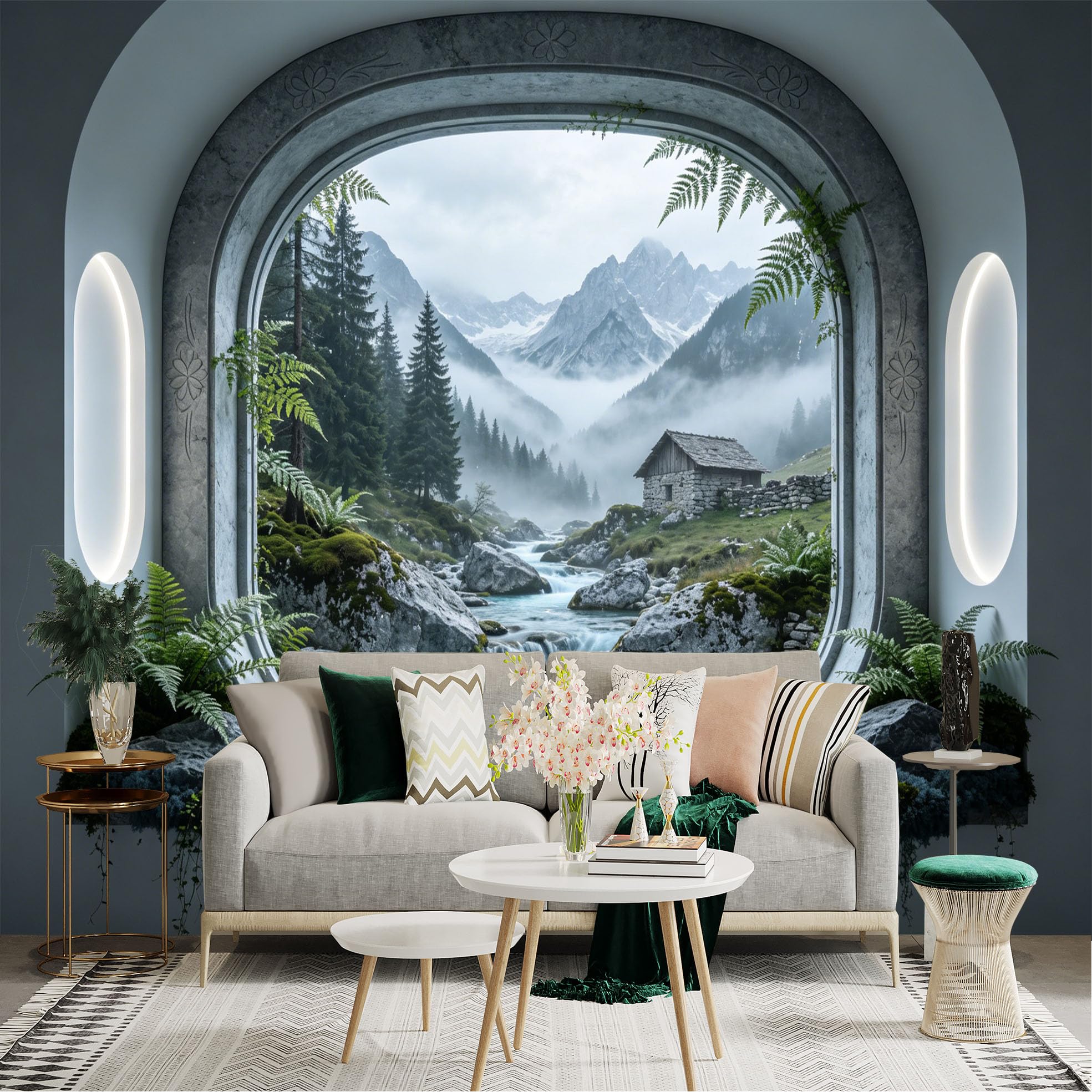 Custom Size Wall Sticker Mural， Mountain Cabin with River， Forest and Misty Landscape View， for wall Decoration， peelandstick wall Decals.