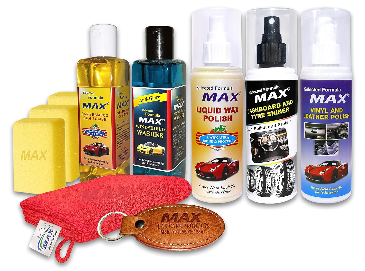 MAX Complete Car Care Kit – STANDARD (Pack of 5 Items of 200 ML Each, 1 Pc Microfiber Cloth 350 GSM, 3 Pcs Foam Applicators and 1 Pc Leather Keychain) for Car Cleaning, Washing, Conditioning and Polishing MAX Complete Car Care Kit – STANDARD (Pack of 5 Items of 200 ML Each, 1 Pc Microfiber Cloth 350 GSM, 3 Pcs Foam Applicators and 1 Pc Leather Keychain) for Car Cleaning, Washing, Conditioning and Polishing