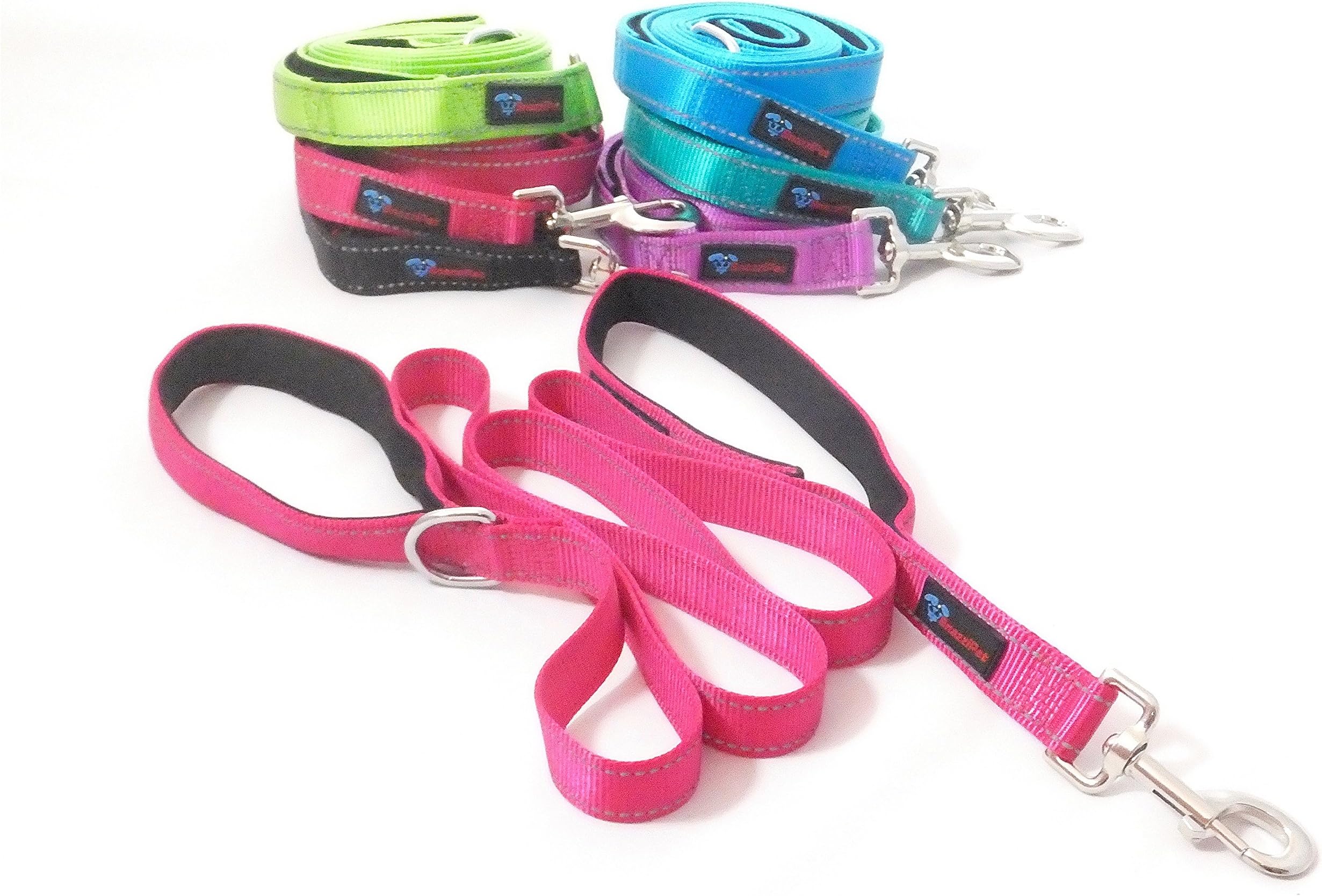 Snazzi Pet Big Dog Leash Hot Pink Soft Padded Double Handles for Extra Control 6 ft Heavy Duty Premium Nylon with Reflective Stitching for Night Visibility XL Large and Medium Dogs, Dog Training