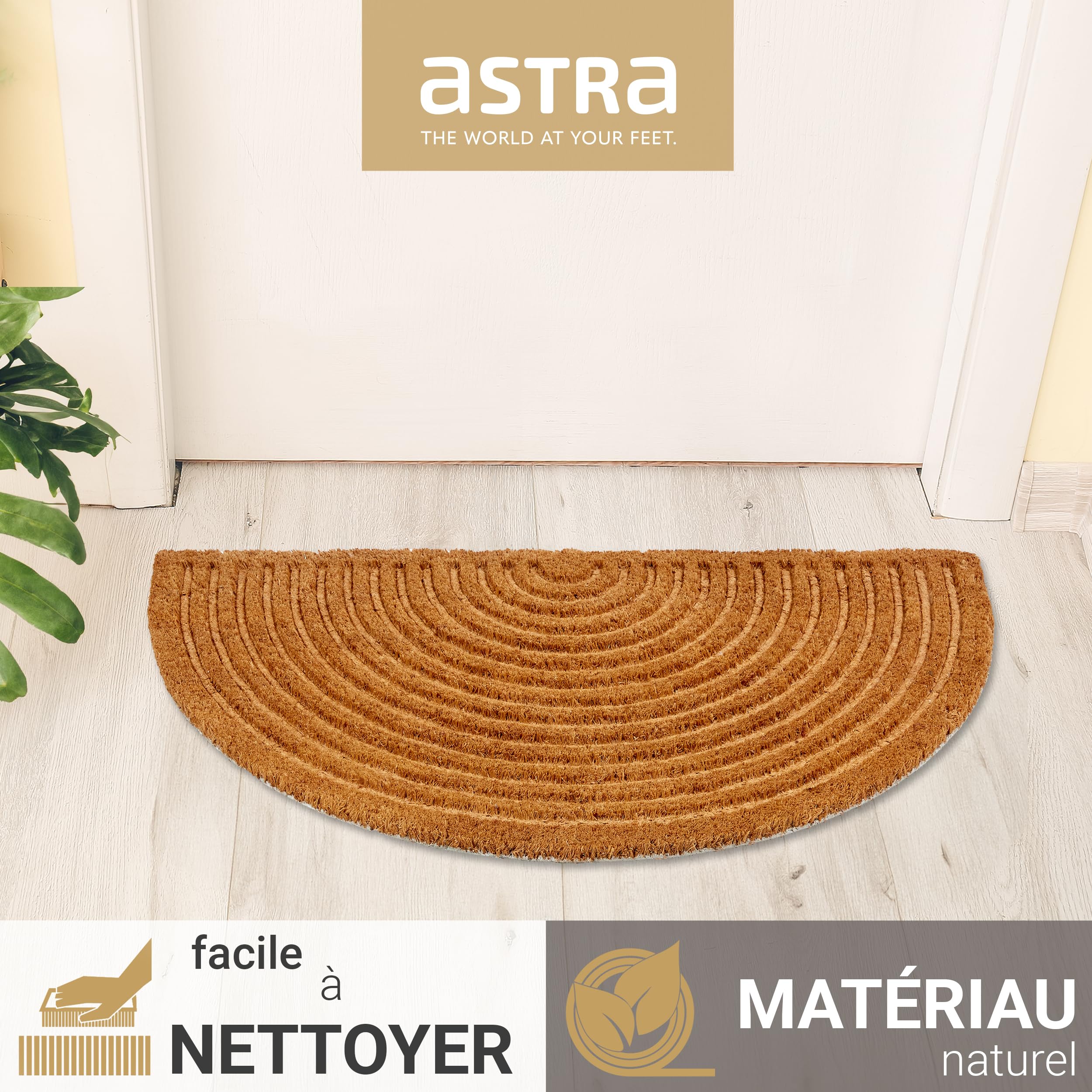 ASTRA Paillasson Moderne Coco 45x75cm Semi-Arrondi Nature - Tapis Anti-dérapant Robuste - Paillasson Intérieur/Extérieur Couvert