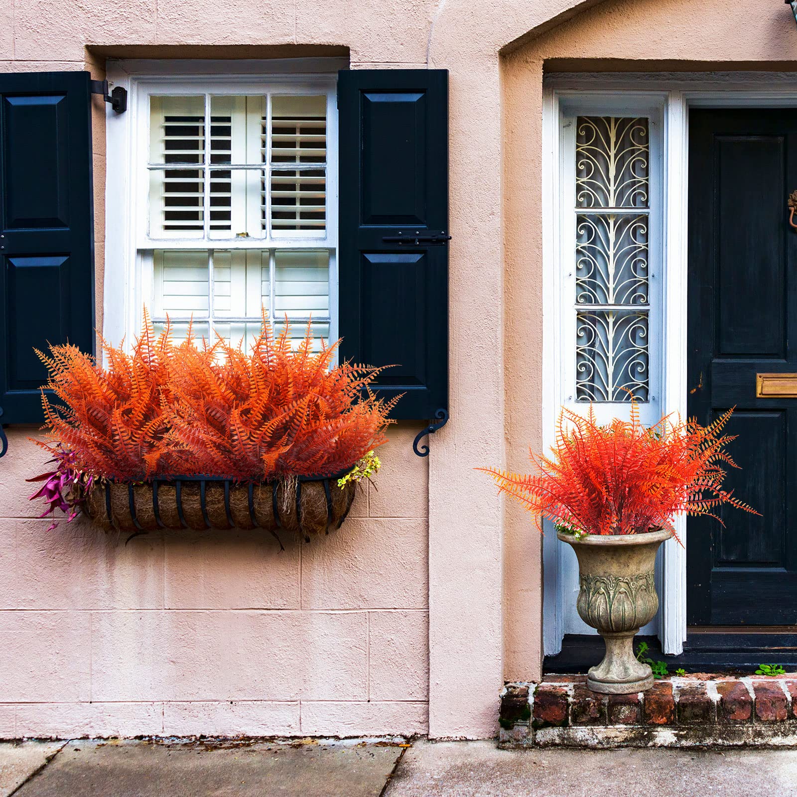 12 Pack Artificial Fall Ferns - Orange Boston Fern Plants For Outdoor Autumn Decor