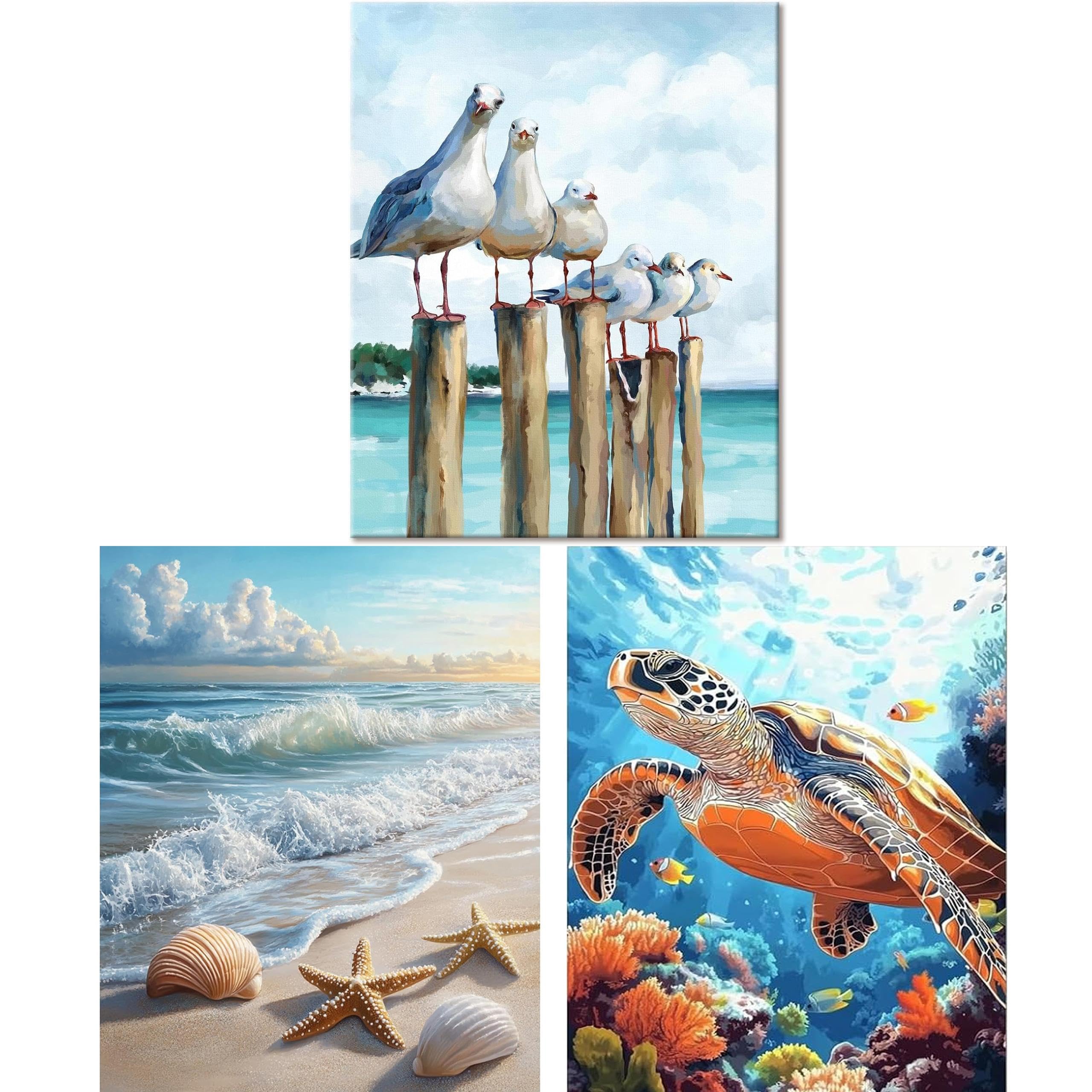 Yunruily 3 Pcak Beach Paint by Numbers for Adults - Turtle Adult Paint by Numbers,Seagull Painting by Numbers for Adults Perfect for Gifts and Home Wall Decor 12x16inch