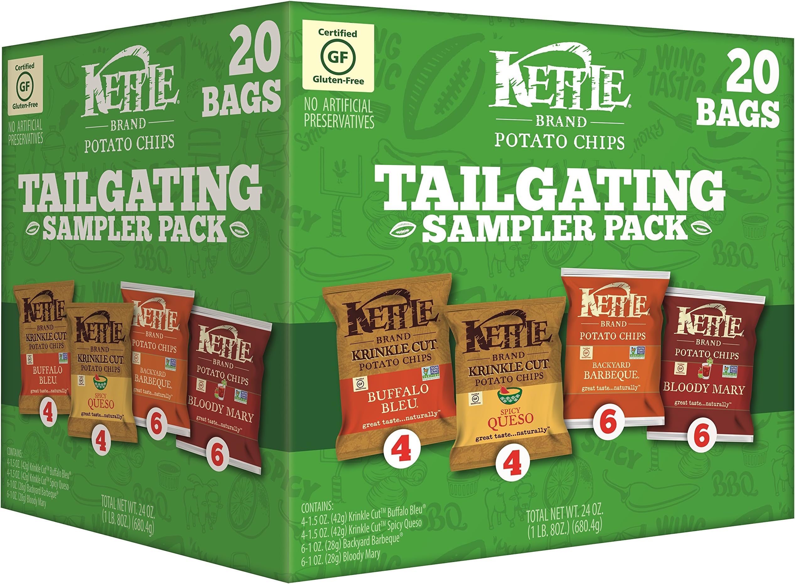 Kettle Brand Potato Chips Tailgating Variety Pack of Buffalo Bleu, Spicy Queso, BBQ, and Bloody Mary flavors, 20 Count