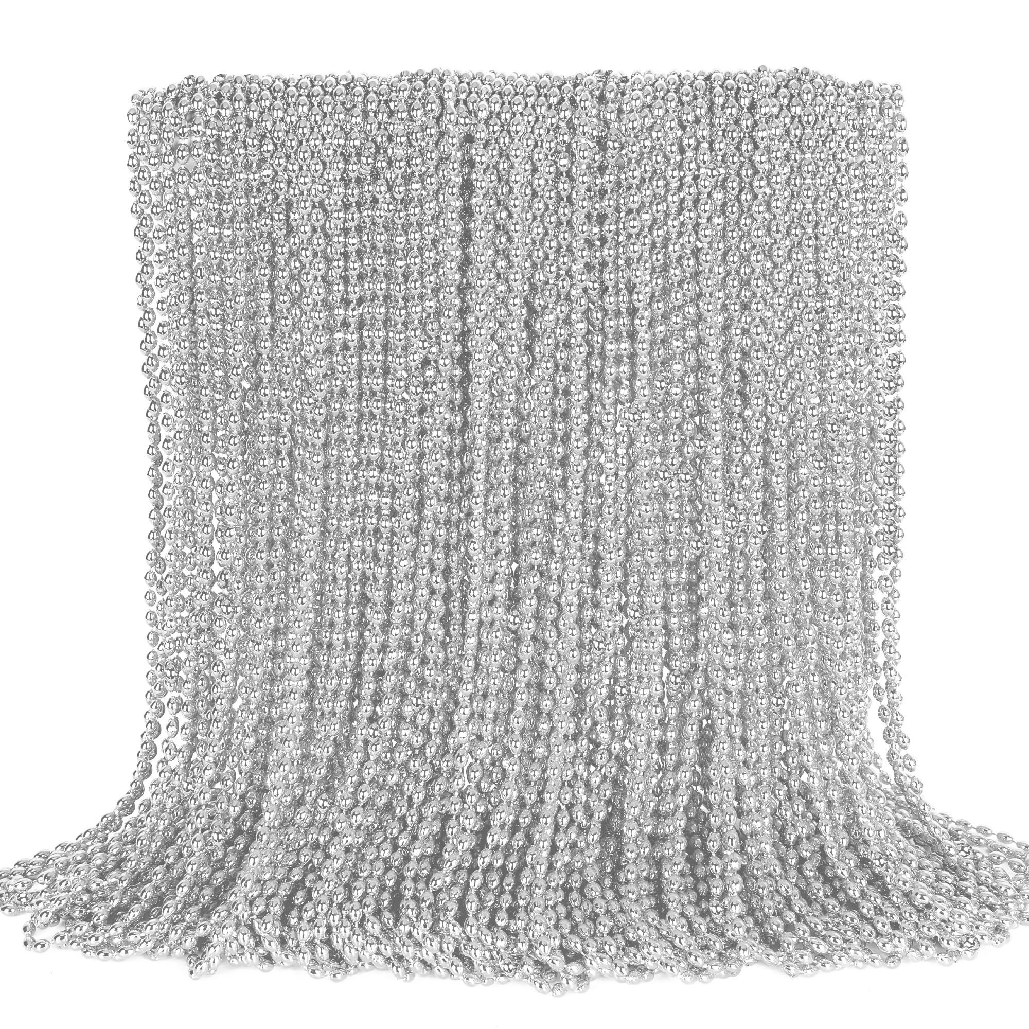 100PCS Bead Necklace, Silver Oval Mardi Gras Bead Necklace, 32" Xmas Necklaces Party Favors Bulk, Festival Events Parade Throw Accessories for Xmas