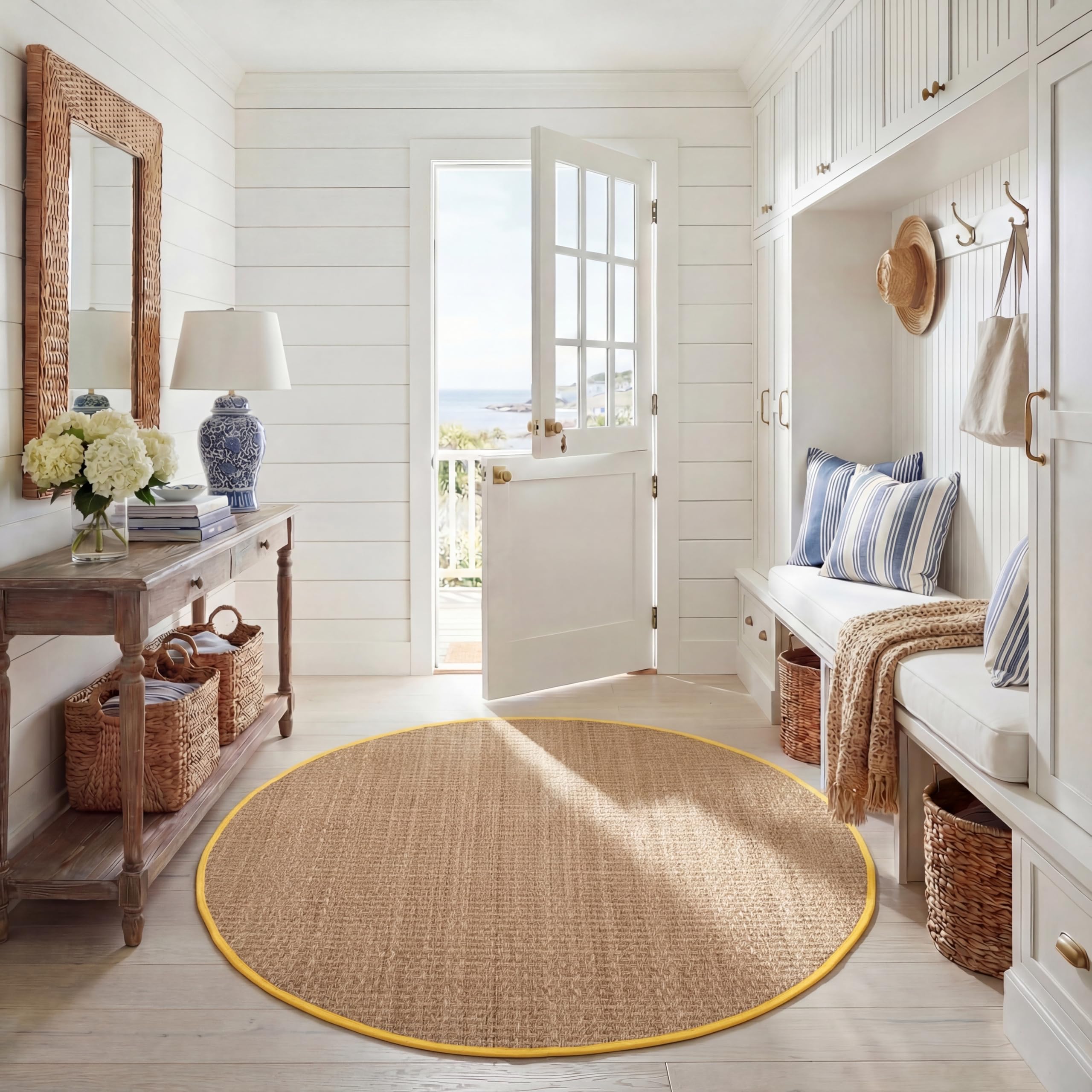 SAFAVIEH Natural Fiber Round Rug 6', Textured Natural & Gold NF114X