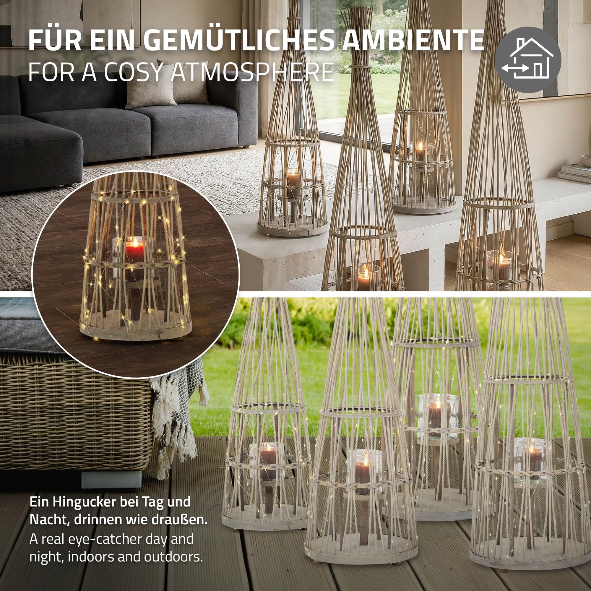 ECD Germany Linterna de Bambú con Guirnalda de Luces LED a Pilas e Inserto de Cristal, 91 cm, Portavelas de Madera, Farolillo Boho, Lámpara Interior/Exterior Decorativo para Jardín, Terraza, Balcón