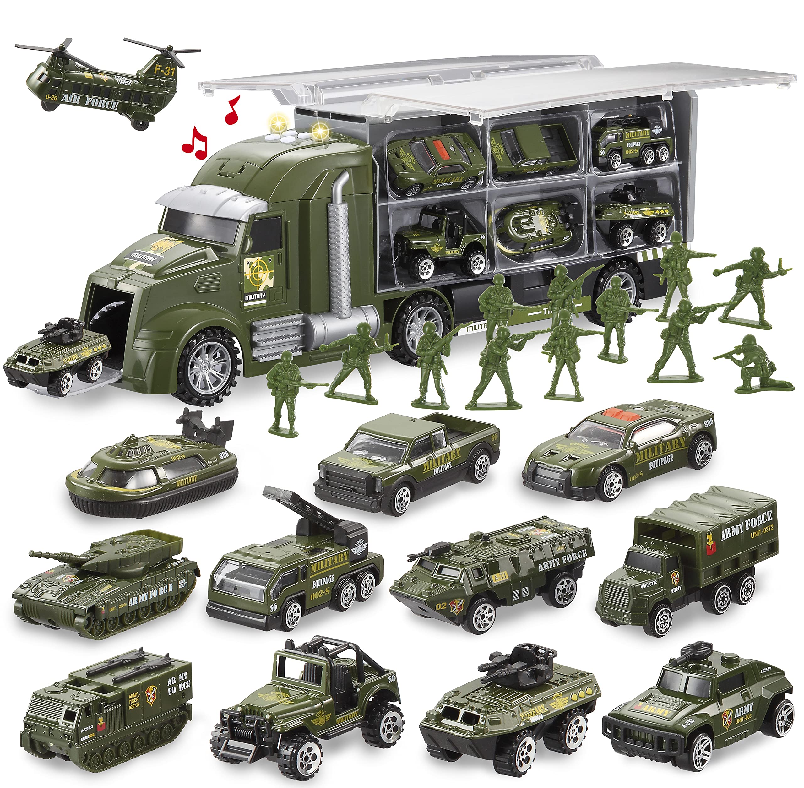 JOYIN 14 in 1 Diecast Military Truck Army Vehicle Toy Set with Soldier Men, Mini Battle Car Toy