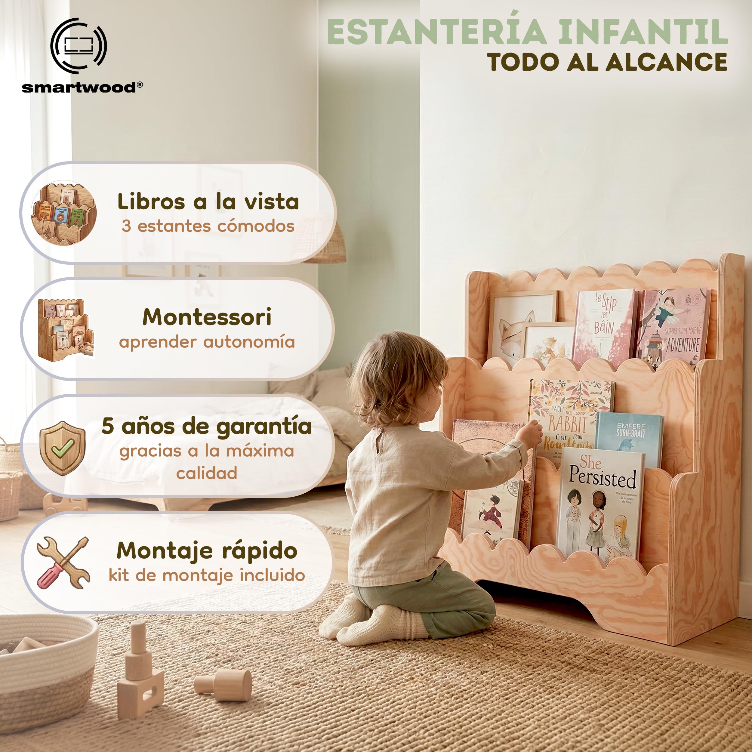 smartwood Libreria Infantil - Estanteria Montessori para Habitación Infantil con 3 Compartimentos de Pino Certificado FSC para Libros y Juguetes 64x31,5x71 cm - Estable y Montaje Fácil - Lulu