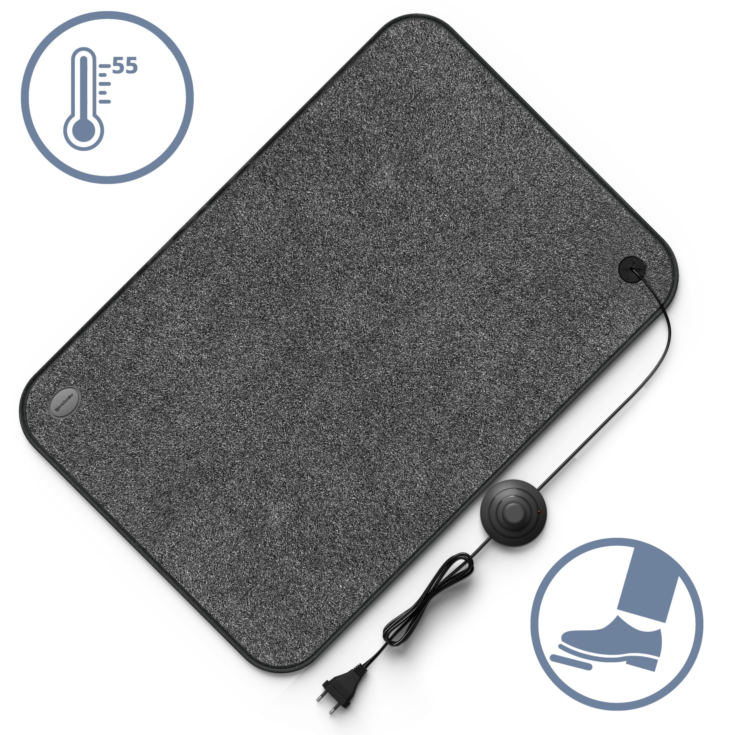 Björn&Schiller Tapis chauffant électrique avec interrupteur, tapis chauffant pour sol, 75 watts, chaleur pour les pieds, 40x60 cm, tapis chauffant pour le bureau et la maison, câble 210cm
