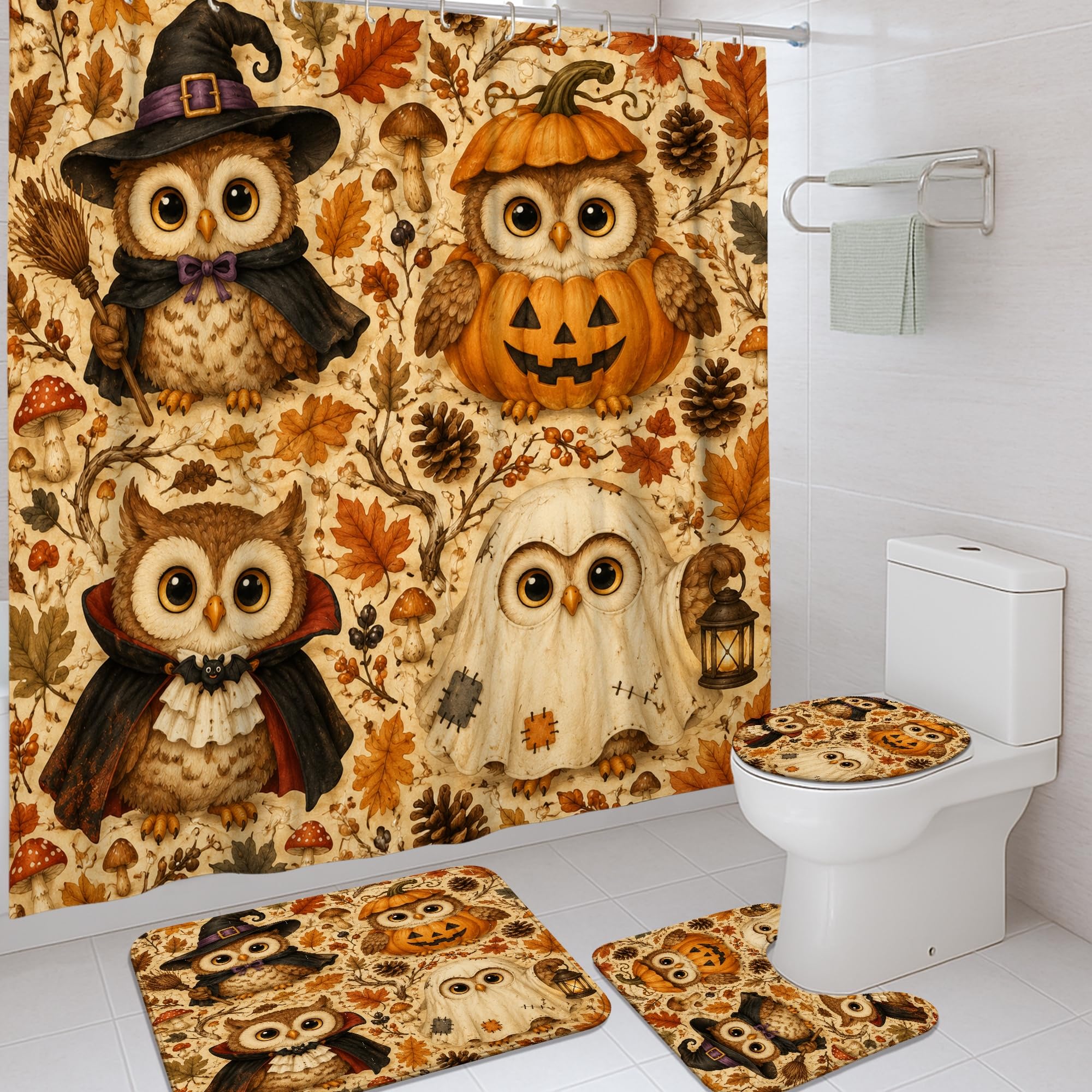 Rideau de douche Halloween lavable en machine avec crochets et tapis assorti