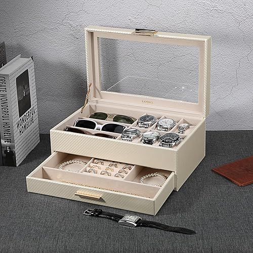 Miniatura 6 de LANDICI Caja de reloj para hombres y mujeres, 2 capas de piel sintética, organizador de relojes, caja de almacenamiento grande, caja de joyería,