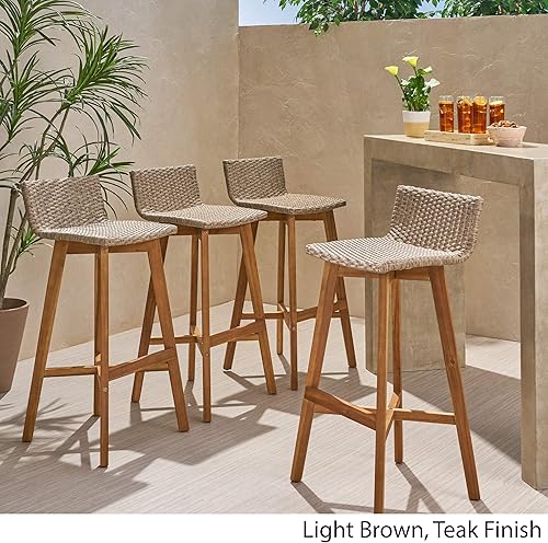Miniatura 4 de GDFStudio Taburetes de bar de madera y mimbre para exteriores (juego de 4), marrón claro y teca