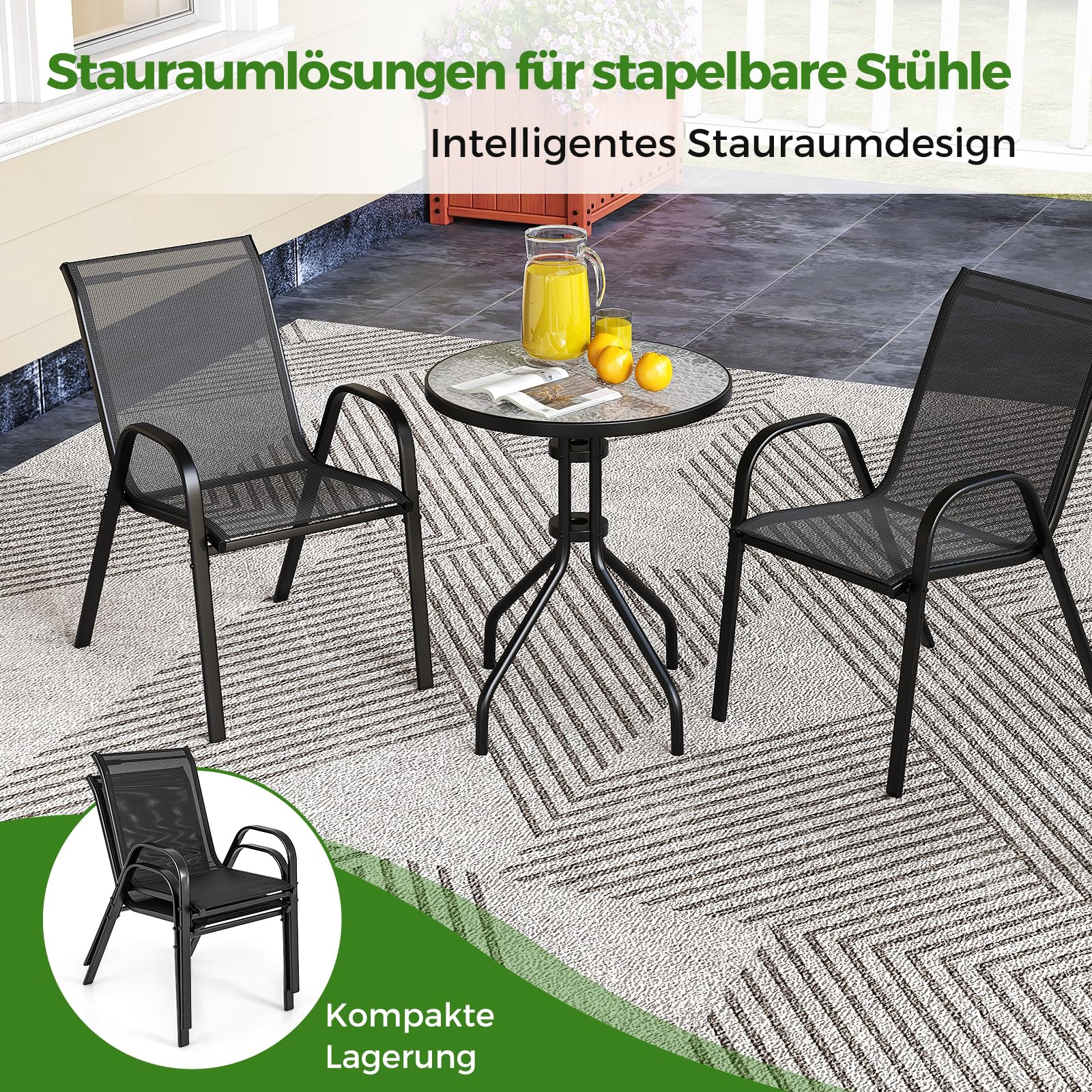COSTWAY 3-częściowy zestaw mebli balkonowych, stół bistro z 2 krzesłami, które można układać w stos, zestaw balkonowy, zestaw bistro, zestaw ogrodowy, meble ogrodowe, zestaw do siedzenia, zestaw mebli