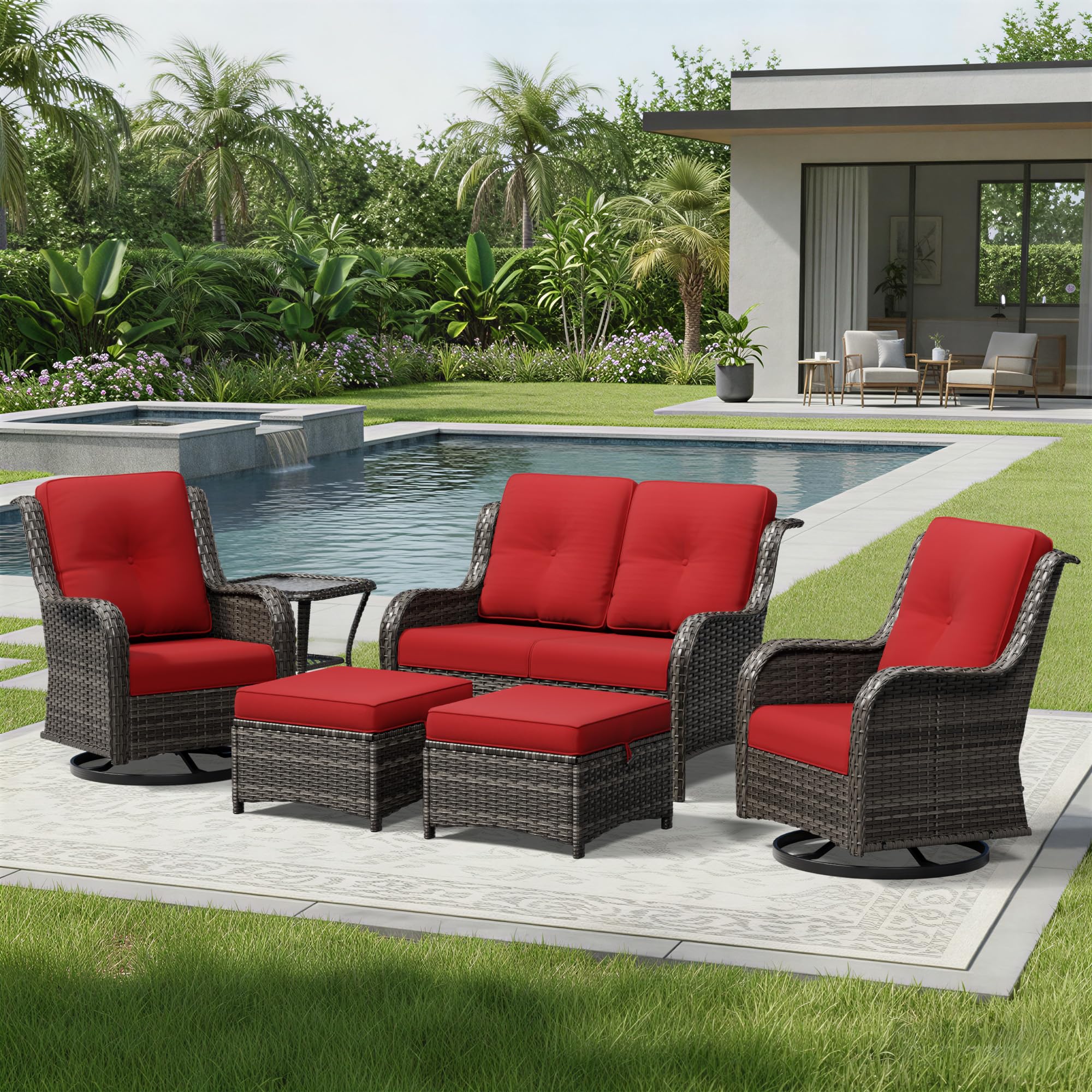 Joyside 6 Piece Wicker Patio Furniture Set, Outdoor Swivel Rocker Patio Chairs with High Back, Deep Seating, Wide Armrest, Thickened Cushions, Outdoor Furniture for Deck, Porch Use