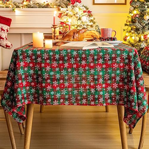 Miniatura 1 de AQOTHES Red Green Plaid Snowflake Christmas Tablecloth 60x104, Tartan Table Cloth Decorations, Winter Holiday Tablecloths for Rectangle Tables