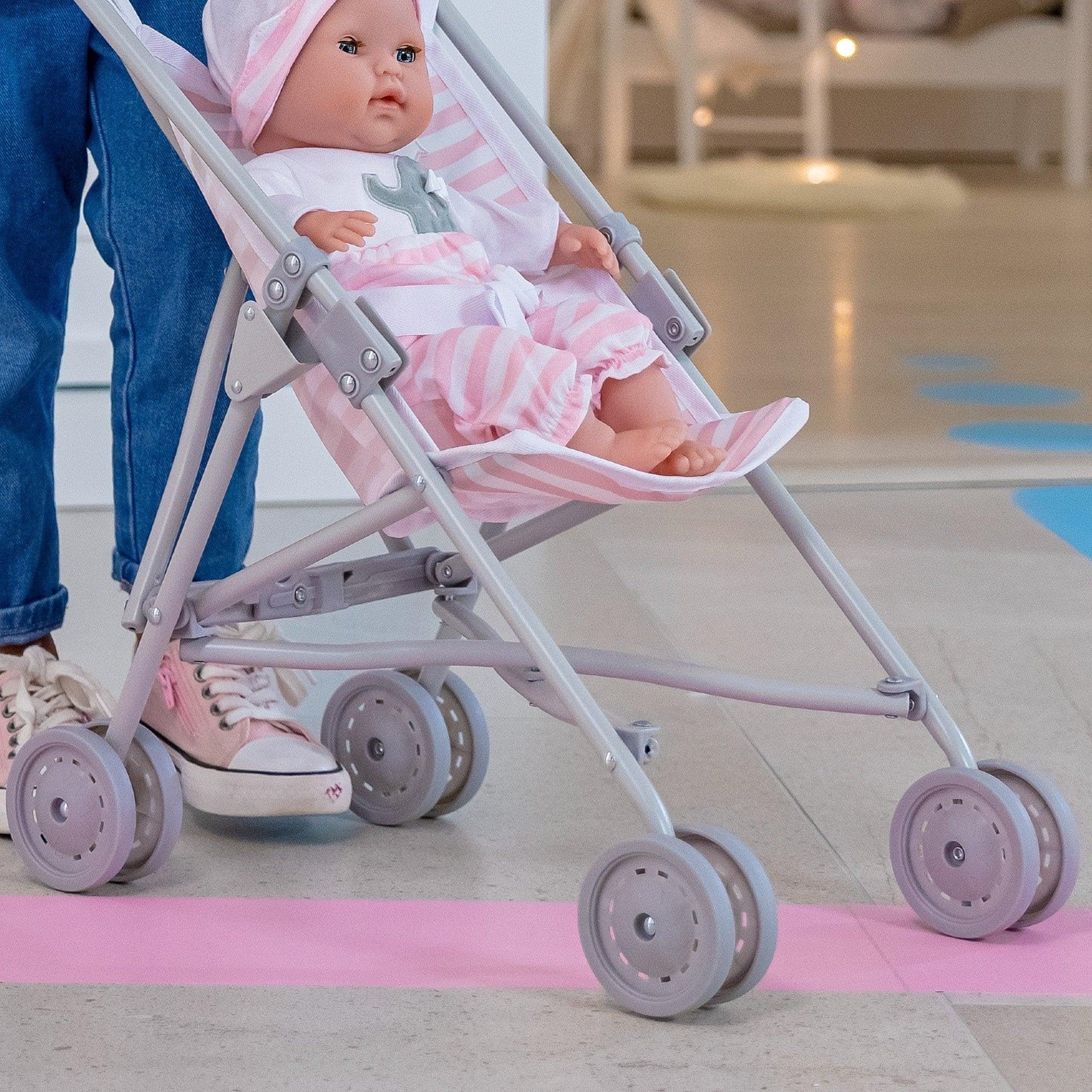 Jc Toys- Silla de paseo plegable modo paraguas, para muñecas de hasta 45 cm, ideal para jugar y pasear, blanco y azul a rayas, decoración elefante, diseñado por Berenguer, +2 años — view 5