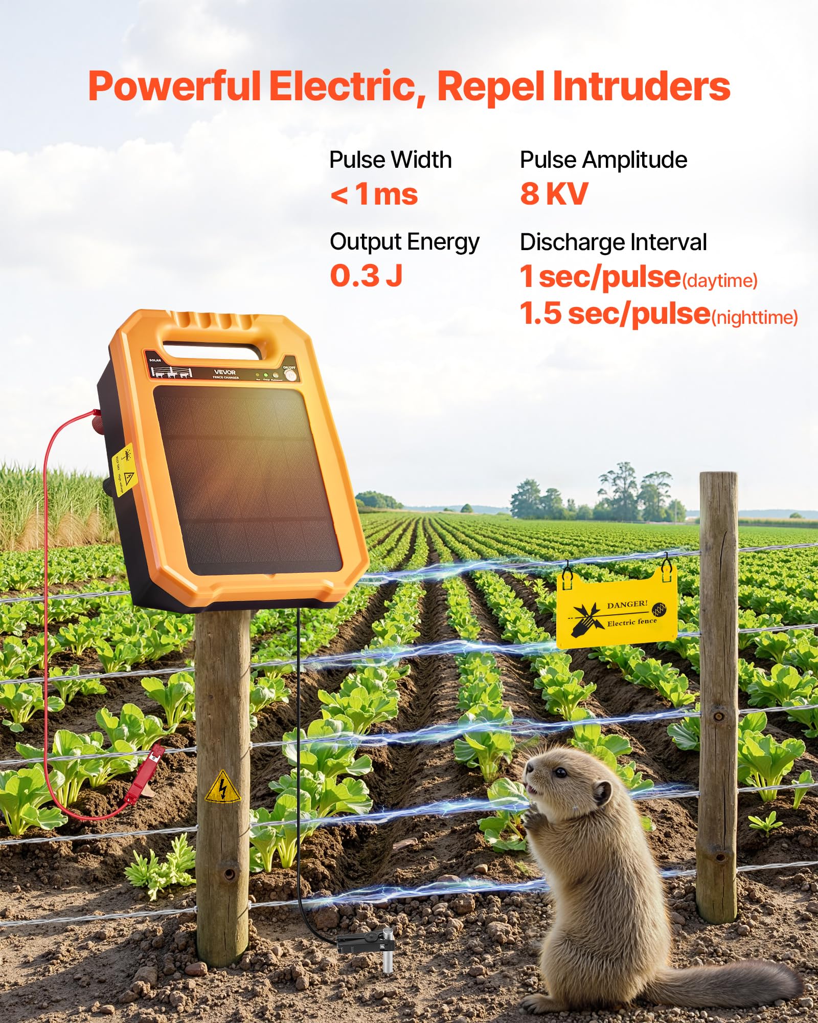 VEVOR Cargador Solar para Cercas 0,3 J Alcance de 3 km Kit de Energizador para Cercas Eléctricas Resistente a la Intemperie, 7 Días de Autonomía para Ganado, Aves de Corral, Protección de Jardines