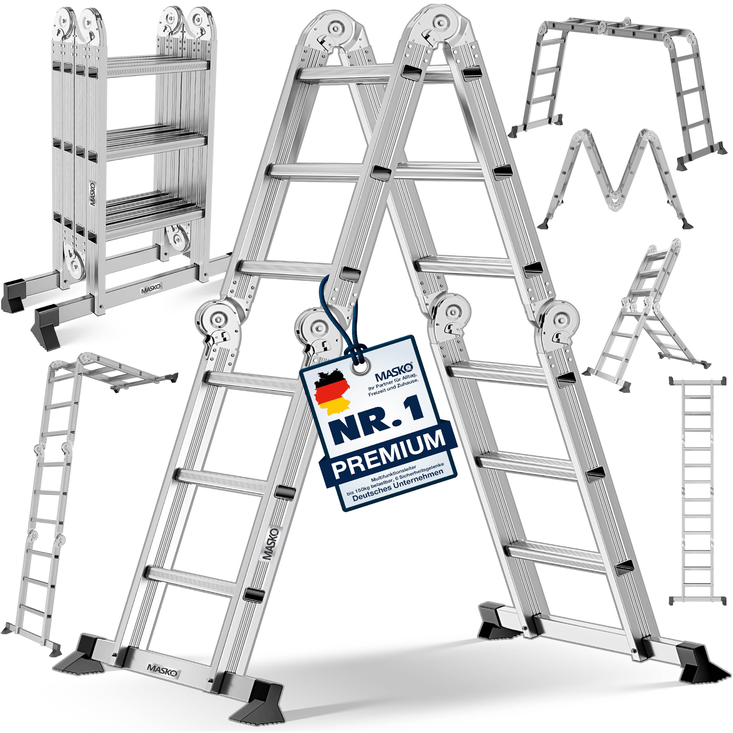 MASKO® Leiter Aluminium 4x3 Stufen, Mehrzweckleiter | - 360 cm | | 150 Kg belastbar, 6in1 multifunktional mit Verriegelung, Gelenkleiter, Anlegeleiter, beidseitige Steh- und Treppenleiter