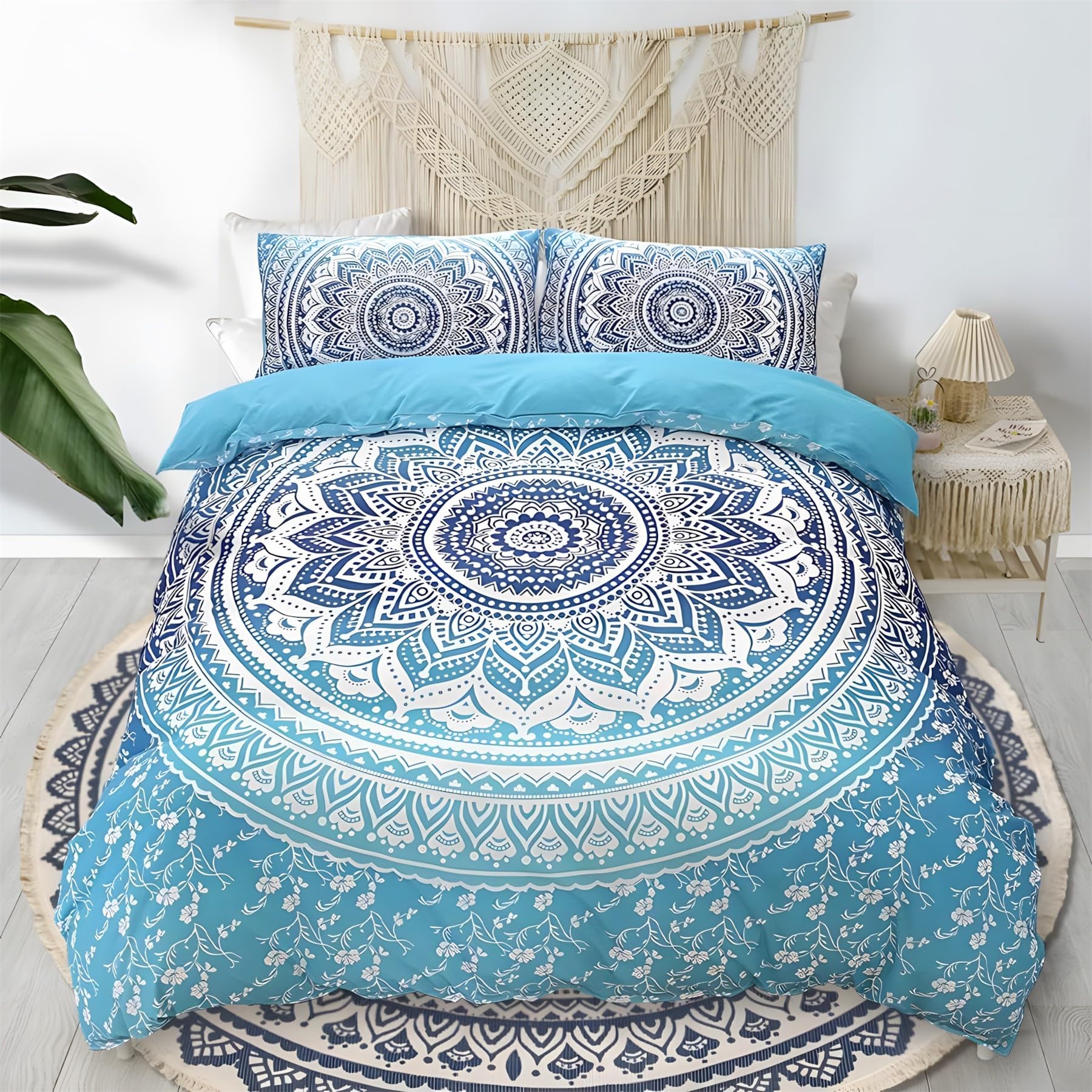 Housse de couette 140x200 bleu pour chambre d'enfant au motif mandala relaxant avec 2 taies
