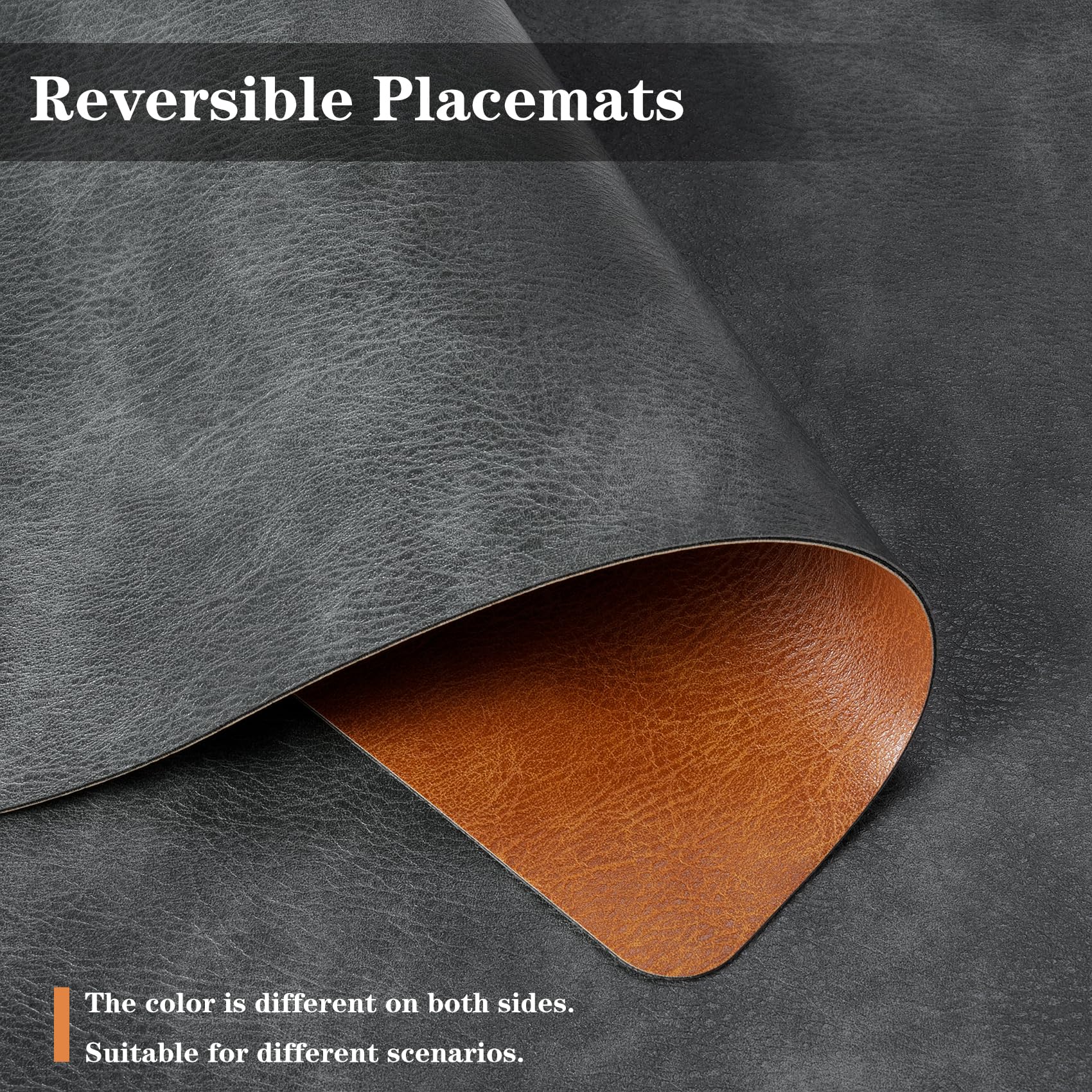 Pixieora Faux Leather Placemats and Coasters Set of 4, Washable Reversible Placemats Cowhide Pattern Place Mats Waterproof Non-Slip Kitchen Dining Table Mats Drink Coasters (Gray Brown, 4)