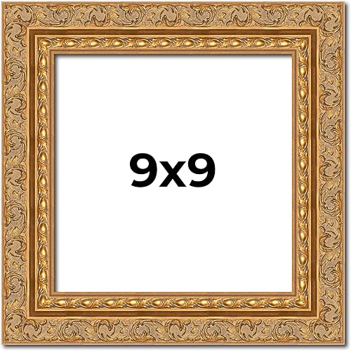Marco de fotos de madera maciza adornado dorado de 9 x 9 pulgadas, ancho de moldeo de 2 pulgadas, marco de fotos tradicional Firman completo con