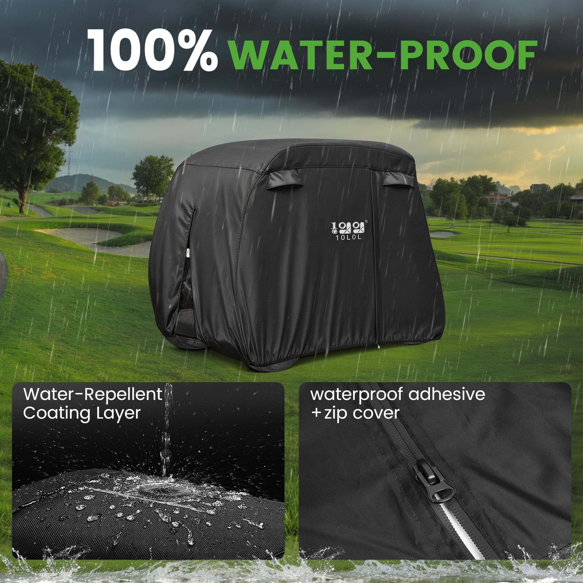 10L0L 4 passeggeri Golf Cart Copertura per Yamaha/EZGO/Club Car, 400D Impermeabile Resistente Custodia in Poliestere con 3 Porte con Cerniera Antivento Sunproof Nero