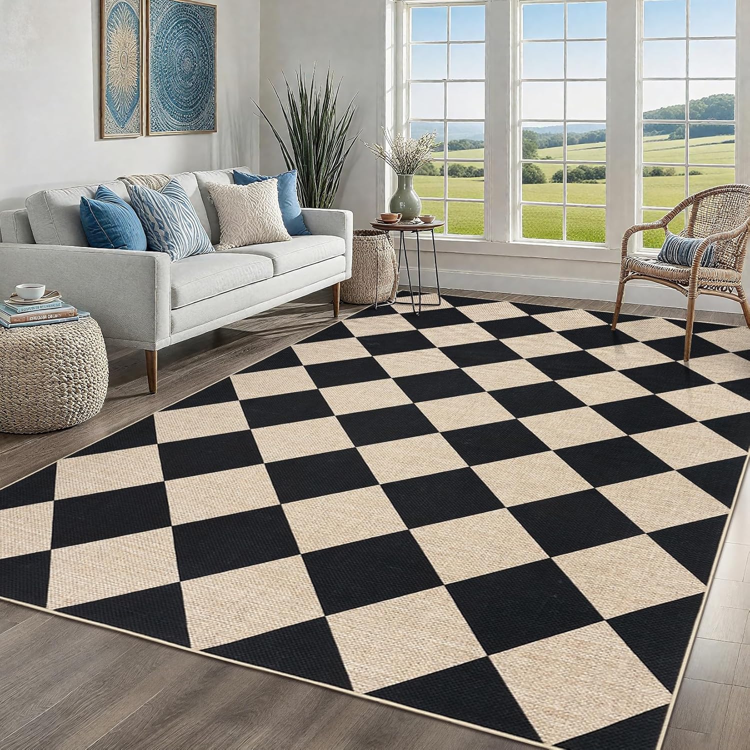 GAOMON 6x9 Outdoor Area Rug Checkered Living Room Area Rug Easy Jute Rug for Bedroom Modern Checkered Rug for Patio Indoor Outdoor Carpet Stain Resistant Dining Room Rugs Black and Natural Color