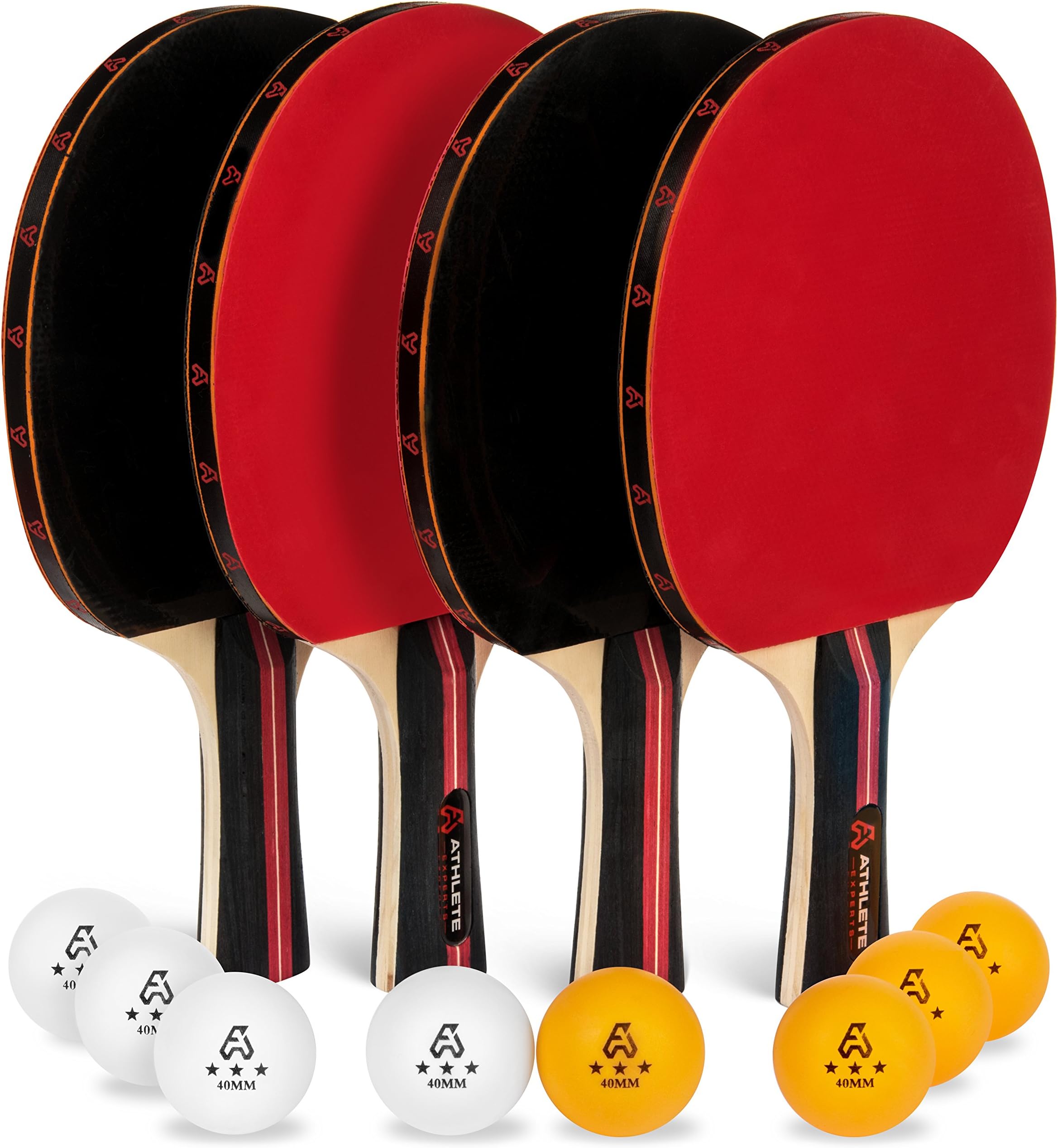 Ping Pong Paddle Set of 4 - Pro Wood Ping-Pong Paddles and 8 Light Regulation Table Tennis Balls - This 4-Player Racket and Ball Kit is the Perfect Indoor Sports Game Gift for Kids or Professional