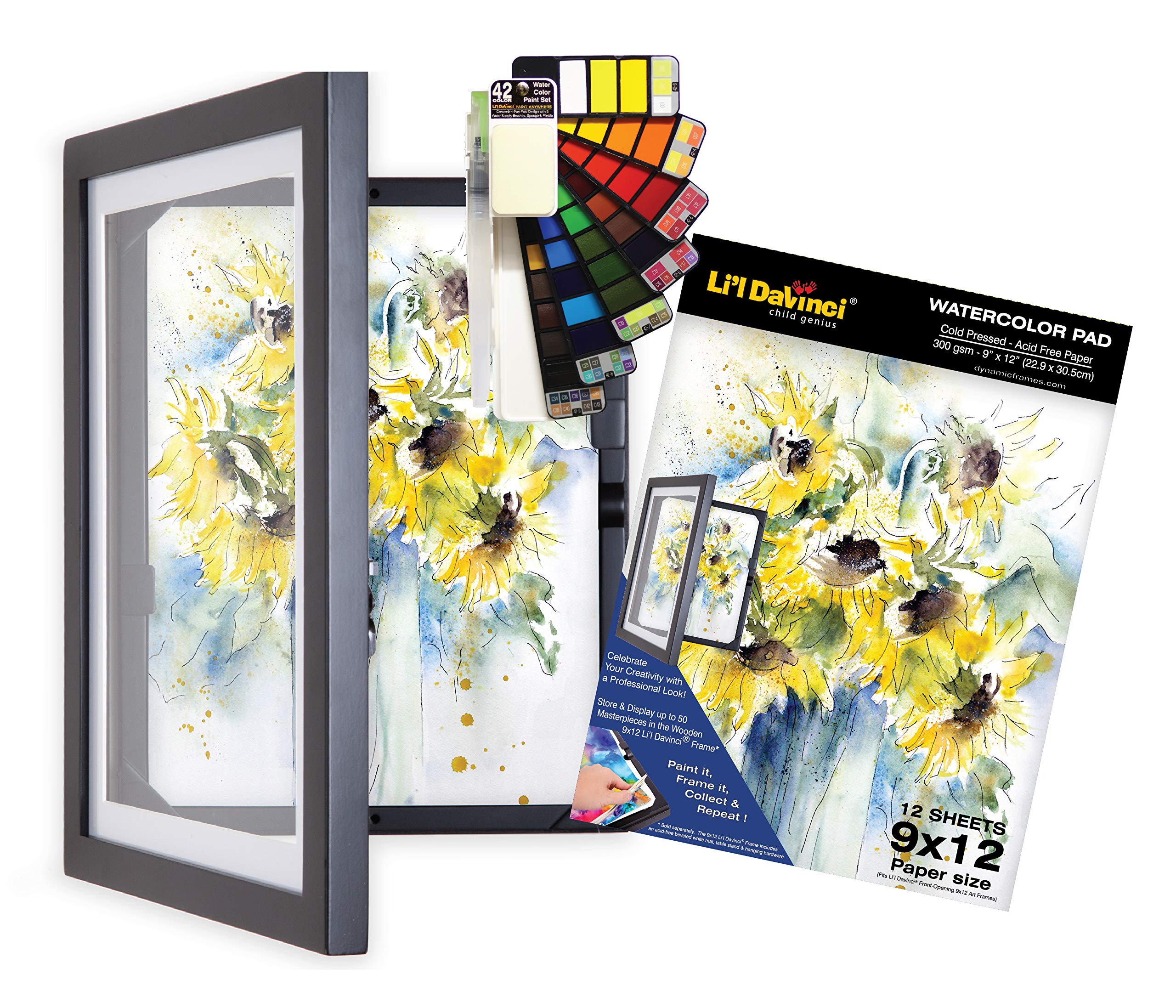 Lil Davinci Artist Gift Set: 9x12 EZ-Store & Display Art Frame, Sketchpad, and Portable 42-Color Fan