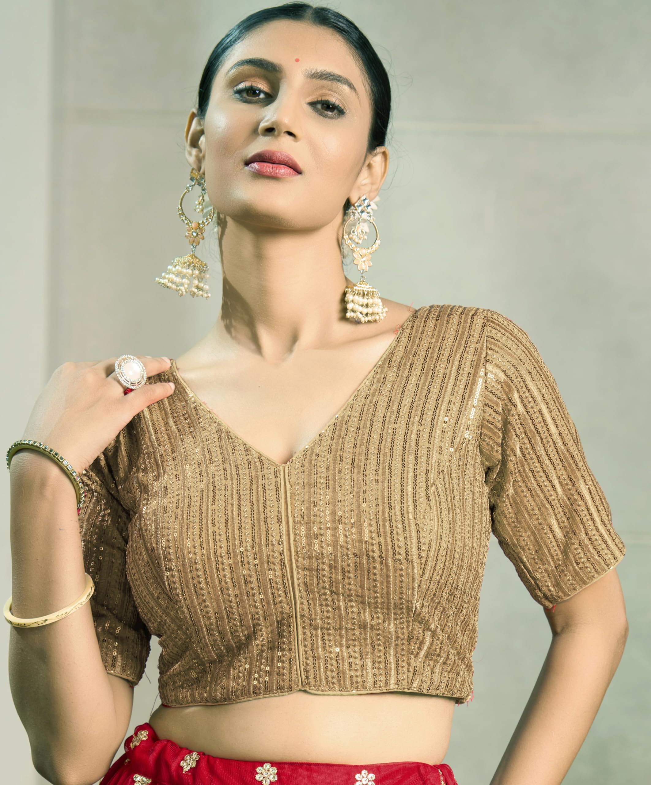 Vihu Fashion Women's Indian Ethnic Wear Designer Silver Sequence With Matching Embroidered Work V Neck Half Sleeve Readymade Padded Saree Blouse Readymade Unique Gold Color Saree Blouse