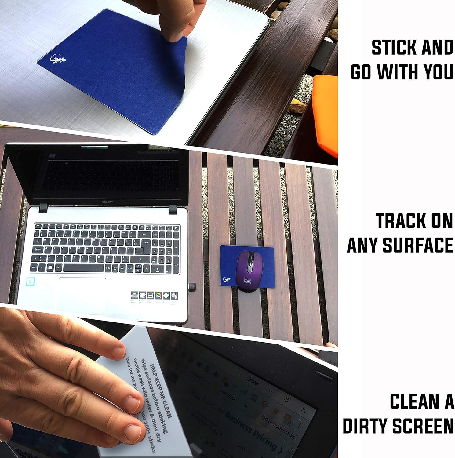 Mouse Pad Adhesive Bottom - Sticks to Any Surface - Portable - Webcam Covers and Screen Cleaner Included (2 Pack - Blue and Navy)