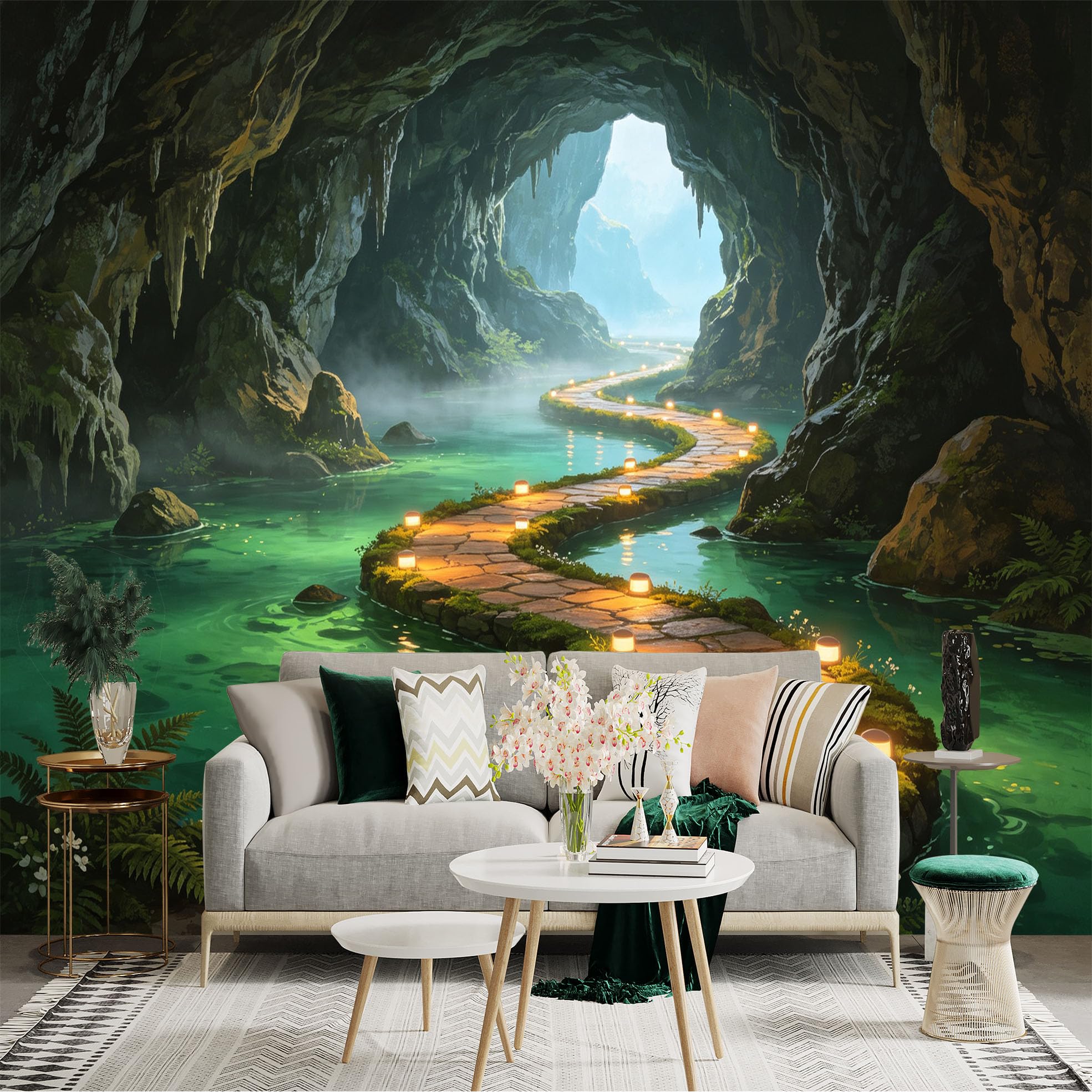 Custom Size Wall Sticker Mural， Enchanted Cave Path， Glowing Stone Trail， Mysterious Underground River， Serene Nature Landscape， for wall Decoration， peelandstick wall Decals.
