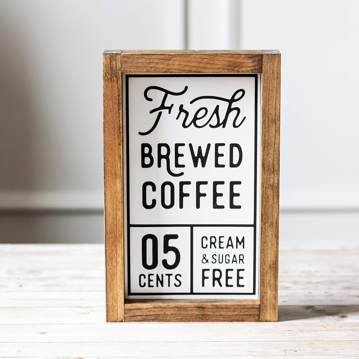Kitchen Sign Fresh Brewed Coffee | Farmhouse Wall Decor White Black | Housewarming Gift - 10.5 x 7 inches
