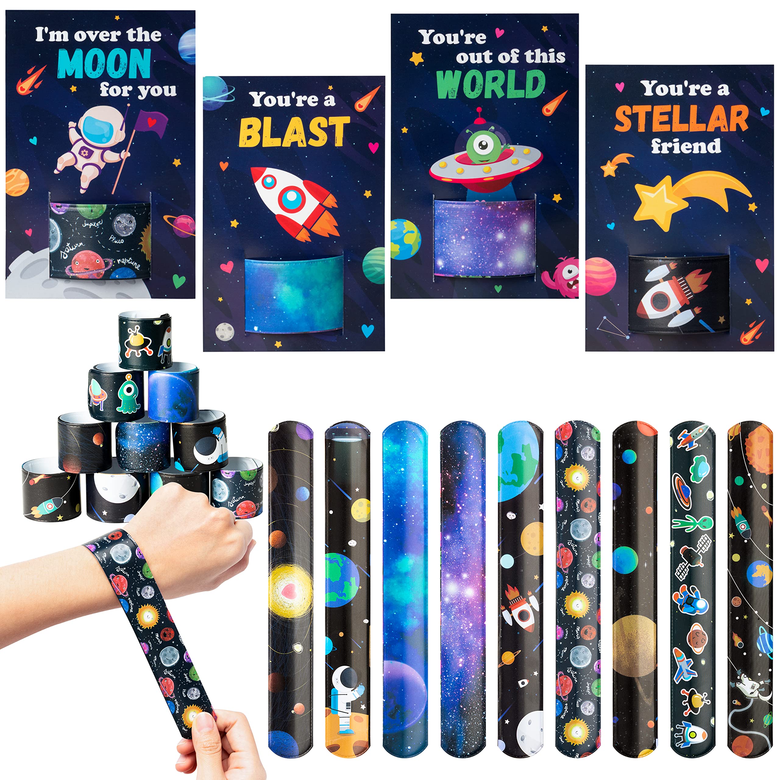ANGOLIO 28 pulseras con temática del espacio exterior con 28 tarjetas de felicitación del día de San Valentín, astronautas, planetas, sistema solar, suministros de decoración de fiesta, regalo de