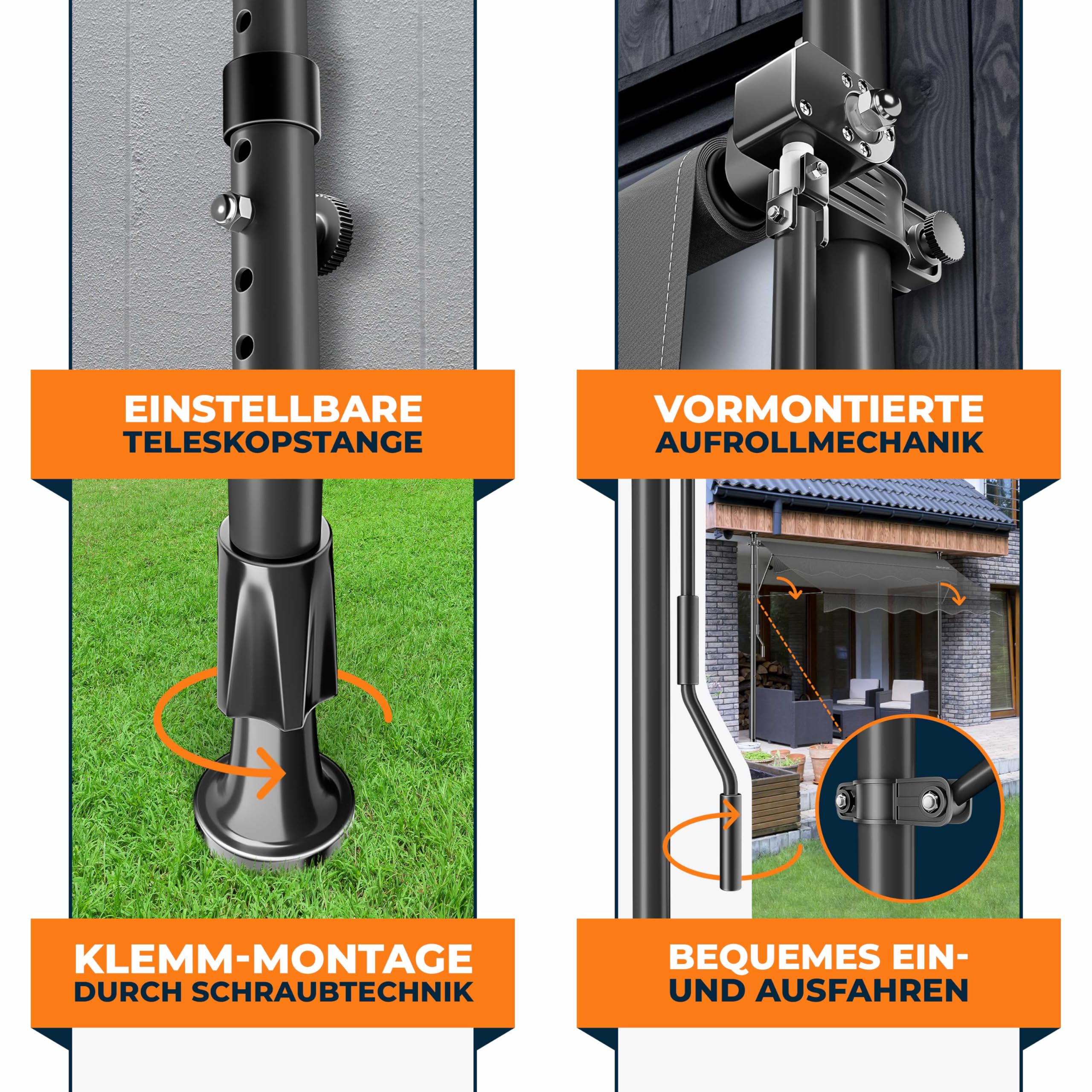KESSER® Klemmmarkise mit Handkurbel & LED Lichterkette | Balkonmarkise ohne Bohren | Markise UV-beständig höhenverstellbar & wasserabweisend | Sonnenschutz für Balkon Terrasse & Garten 250cm - 3