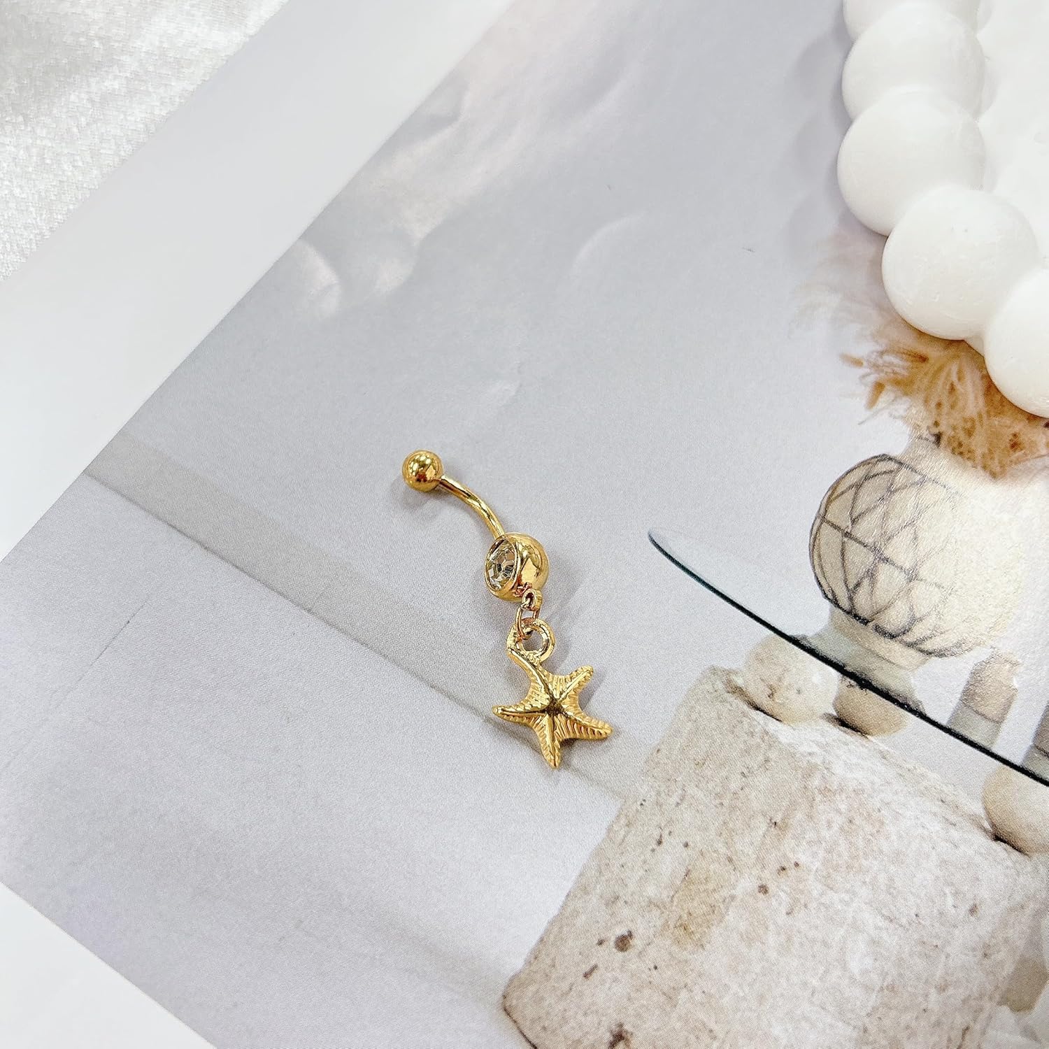 14G Starfish Dangle Belly Button Ring for Women Stainless Steel Rhinestone 18k Gold Plated Star Dangling Navel Rings Curved Barbell Studs Bar Simple Sexy Body Piercing Ocean Summer Beach Jewelry - Image 4