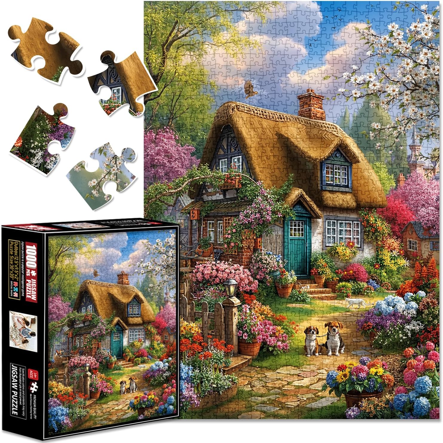1000 Piece Jigsaw Puzzles for Adults, English Countryside Cottage and Spring Garden, Colorful Floral Landscape Puzzle with Dogs, Relaxing Family Game (MZ410)