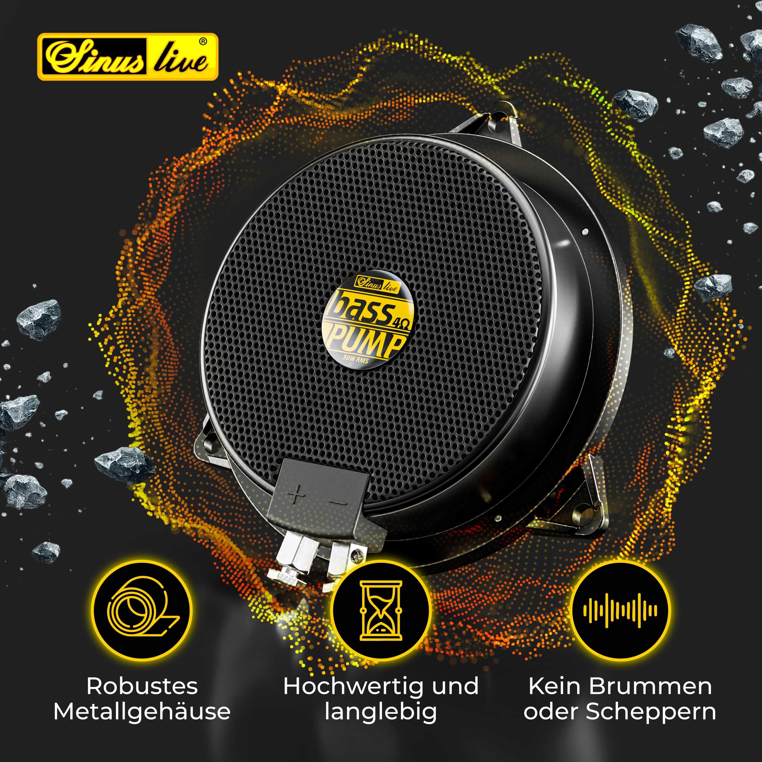 Sinuslive bassPUMP 4 Ohm Körperschallwandler, 50 W RMS Bass-Shaker für spürbaren Bass, Heimkino, Gaming-Stuhl, Sofa, Auto und SIM Racing, Body Shaker - 4 Ohm schwarz