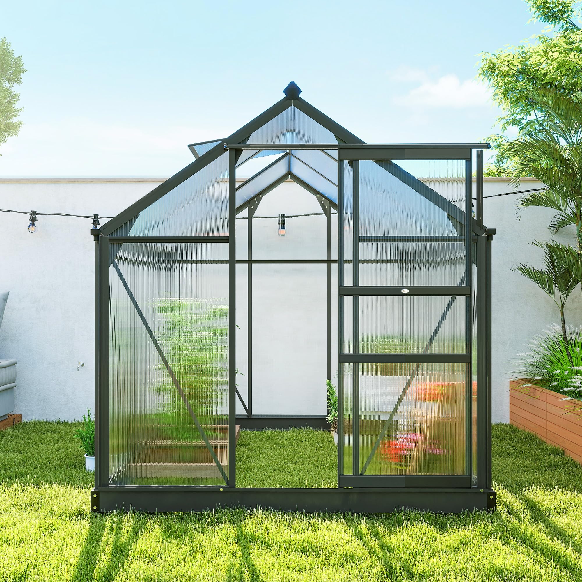 Outsunny Invernadero policarbonato 6x6 ft Puerta corredera Gris | Invernadero, Invernadero para plantas de jardín, Ventana, Marco de aluminio, Cimientos, Grande, Para exterior