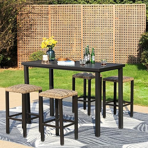 Miniatura 5 de PHI VILLA Mesa de bar alta para exteriores, mesa de comedor de 55 x 27 pulgadas de altura de mostrador con marco de metal similar a la madera y