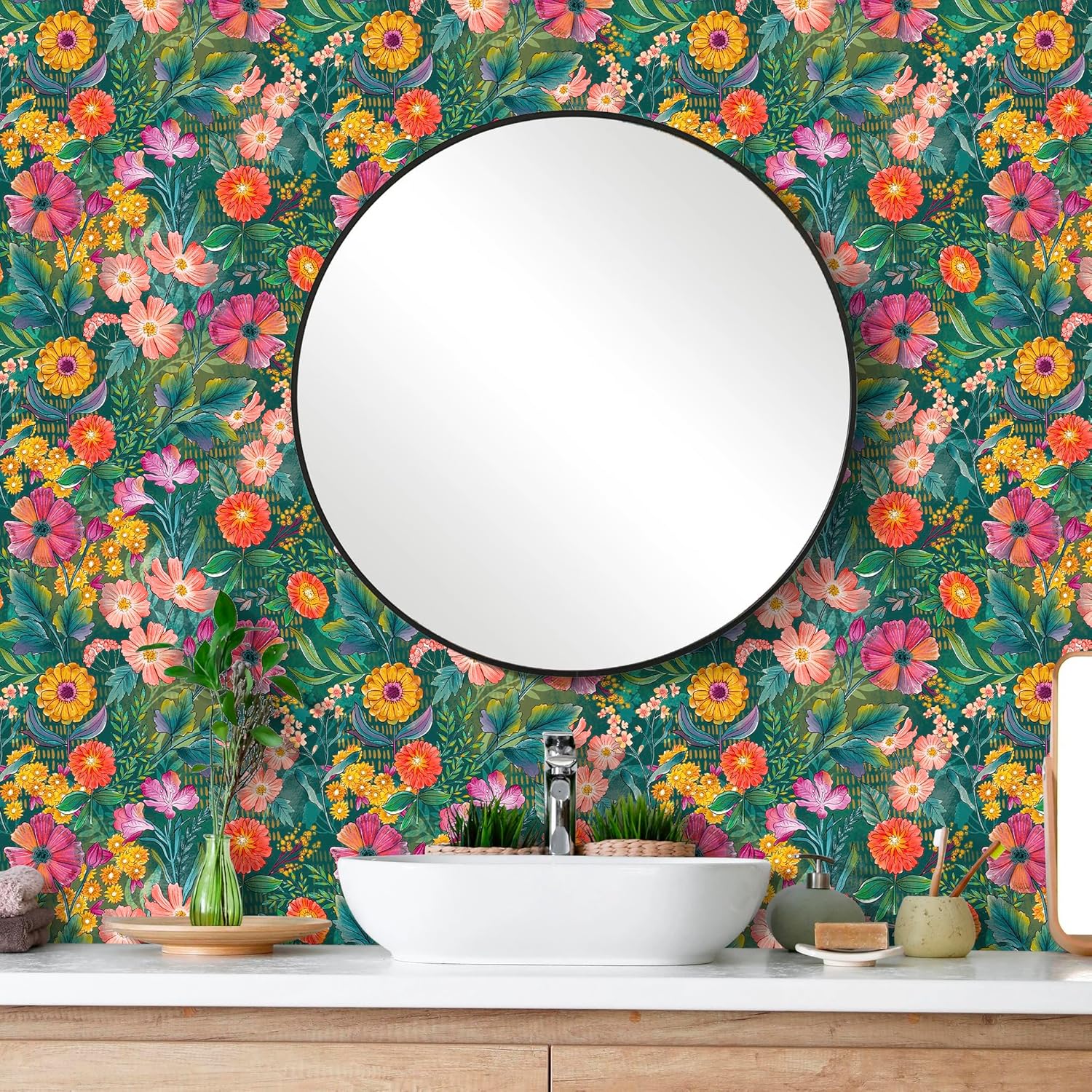 HAOKHOME Peel and Stick Wallpaper Floral Renter Friendly Wall Paper Green/Purple/Pink for Bathroom Kitchen Contact Paper 17.3in x 32.8ft