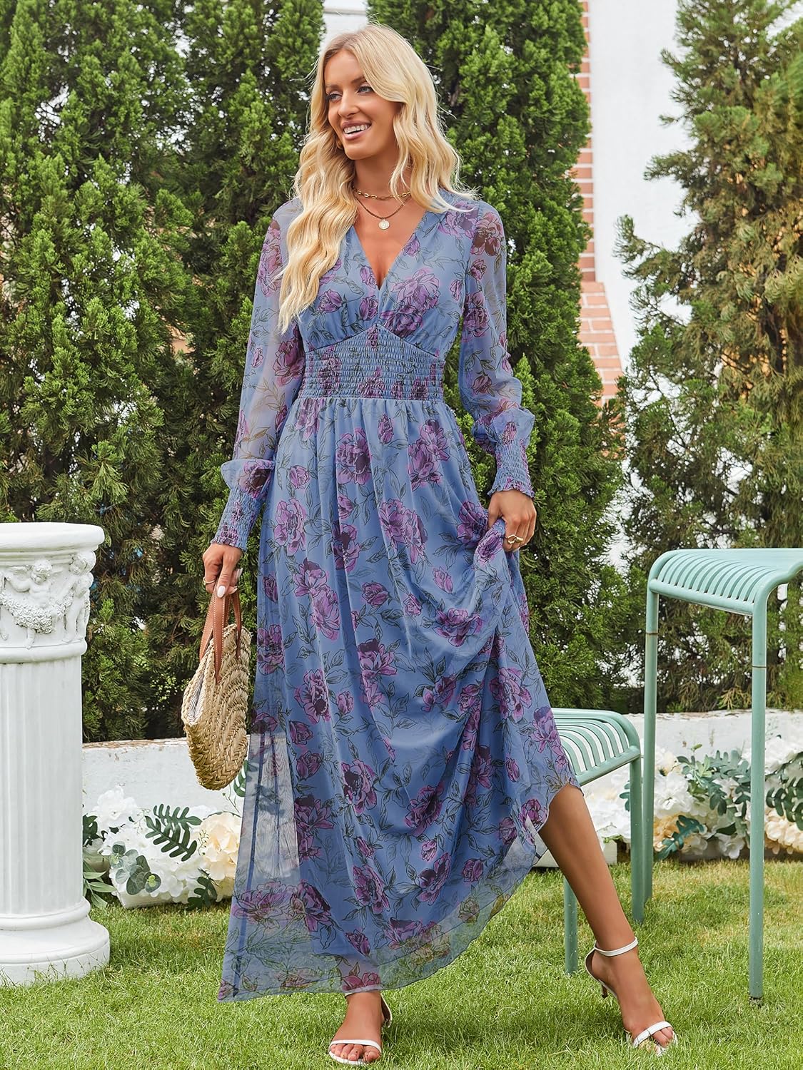 ANRABESS Women's Floral Maxi Dress 2025 Fall V Neck Puff Long Sleeve Flowy Casual Wedding Guest Tea Party Tulle Dresses - Image 5