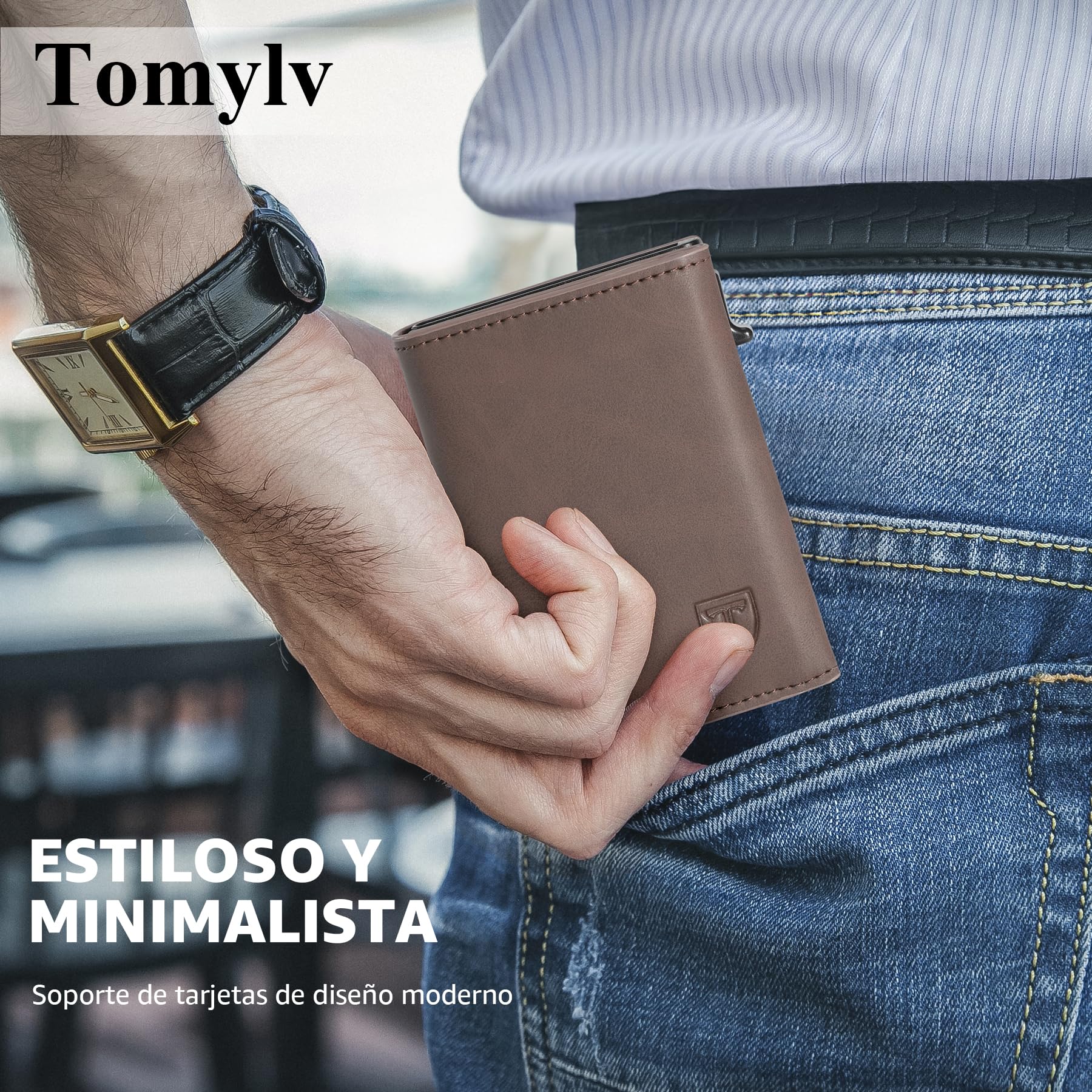 Carteras para Hombre Bloqueo RFID Tarjetero Cierre Magnético Pop-up Cartera Marrón