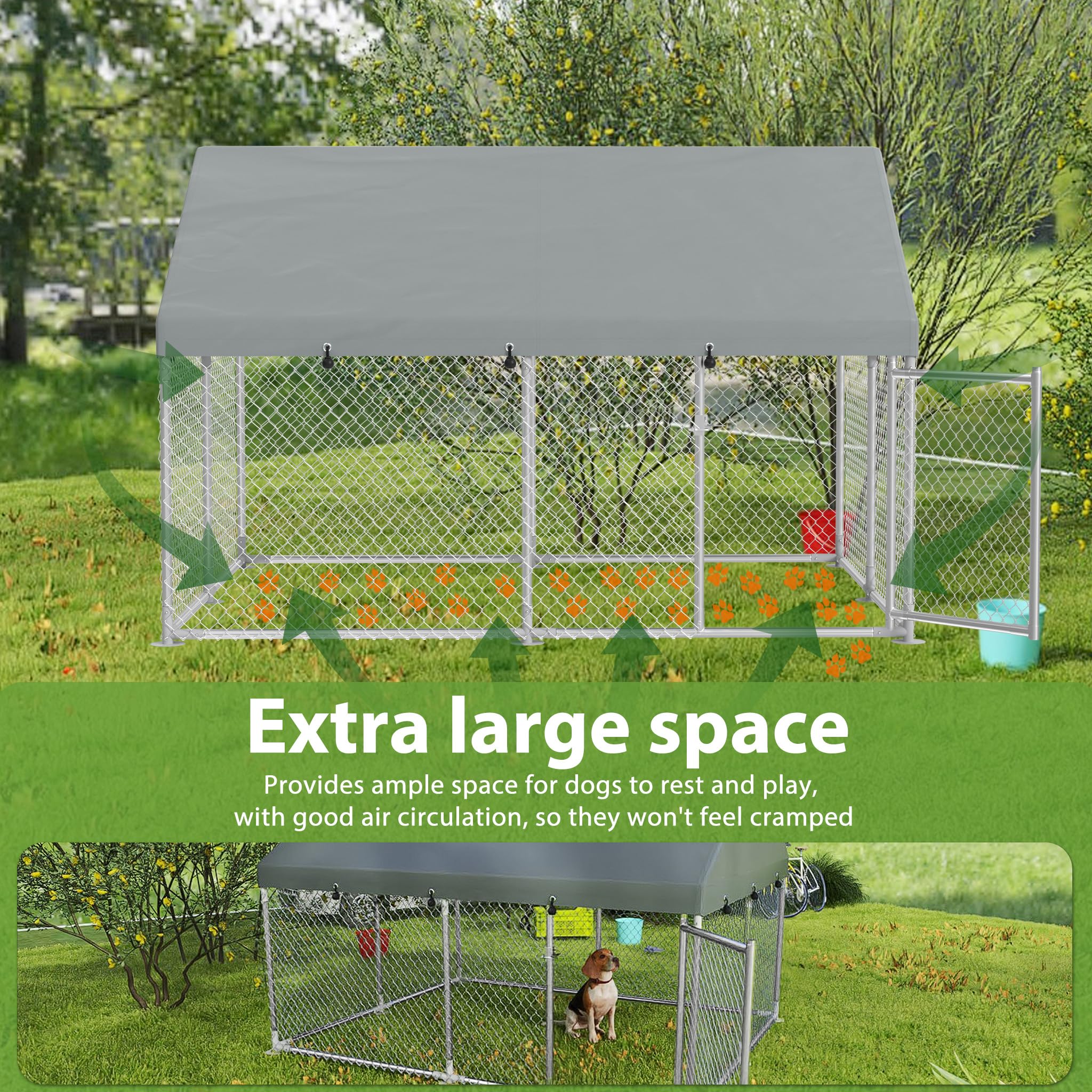 FIVMEN Clôture pour chien - 400 x 200 x 165 cm - En acier galvanisé - Avec protection solaire - Toit et porte verrouillable - Enclos pour chien - Extérieur