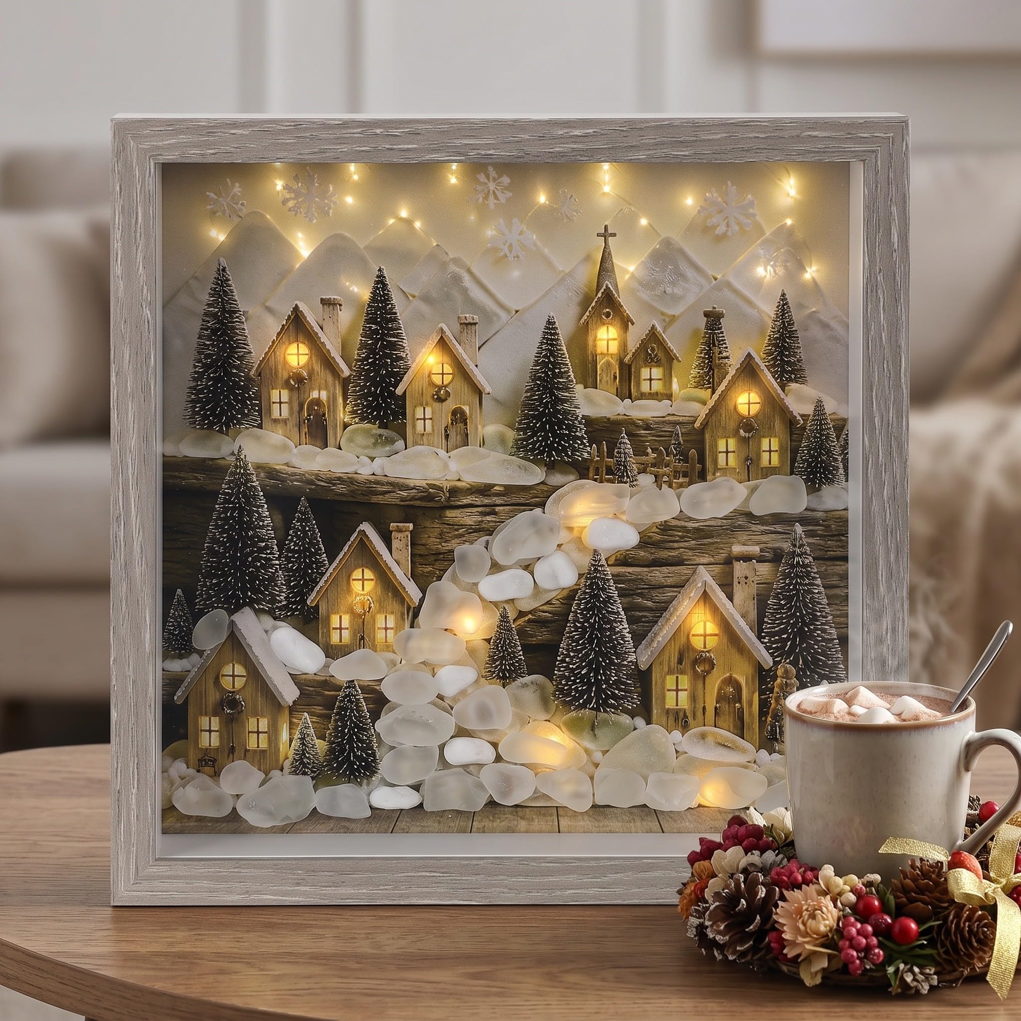 Zerodeko Decoración de pared con diseño de pueblo navideño, marco de fotos rústico iluminado con diseño de pueblo navideño, marco de mesa festivo de invierno, decoración de granja iluminada para